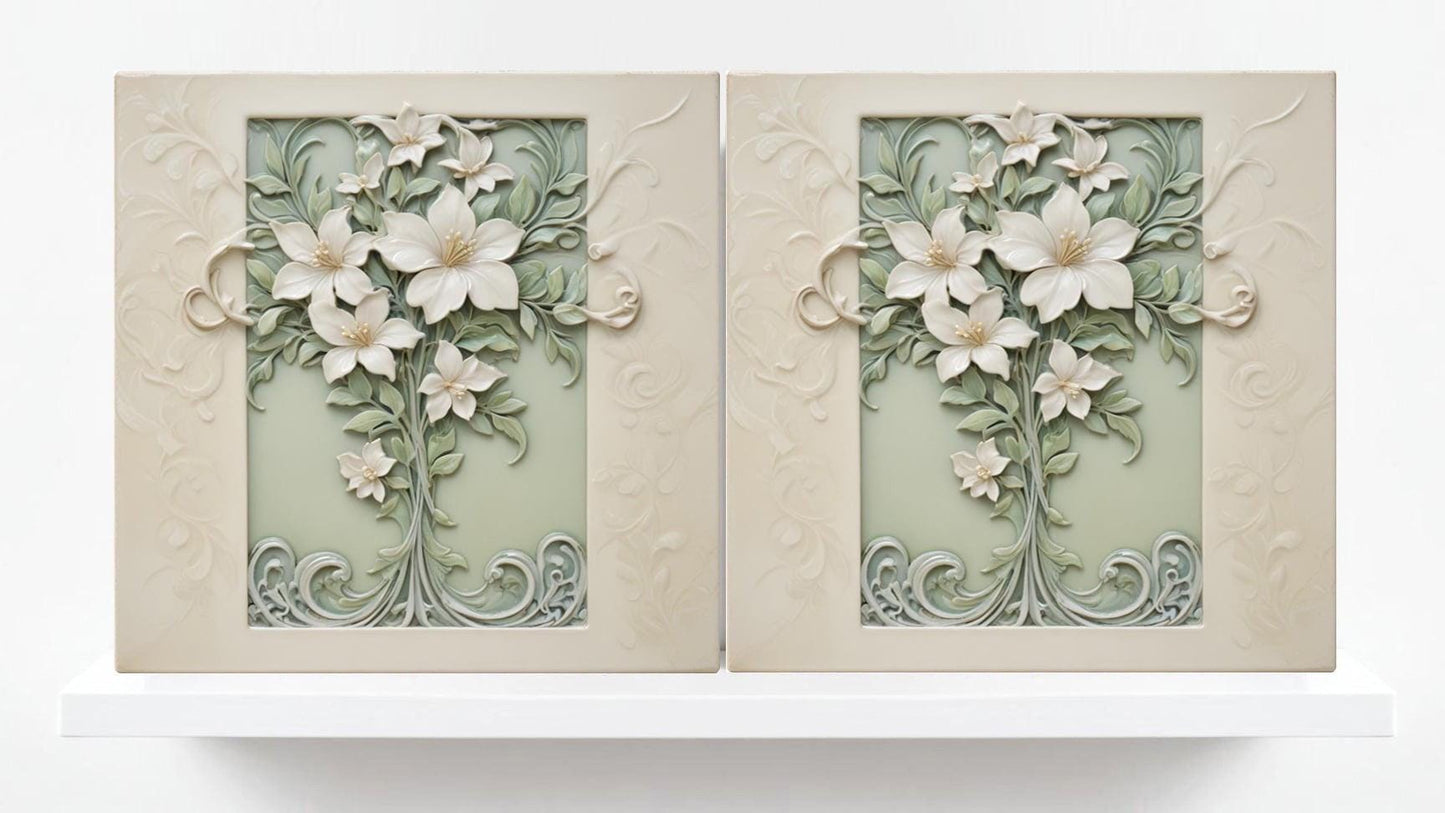 Jasmine Tile Art Nouveau Flower Ceramic tiles - Set of 2 Wall Decor Tiles - Botanical Print, Kitchen Backsplash Tiles,Bathroom Shower Decor