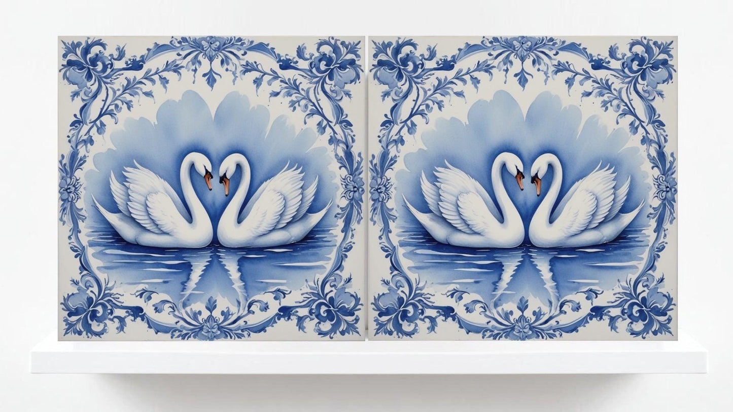 Delft Blue Tile Animal - Bird Tile - Set of 2 Ceramic Delftware Tiles-Delft Prints-Swan Tile - Kitchen Backsplash,Sink,Bathroom,Shower Wall