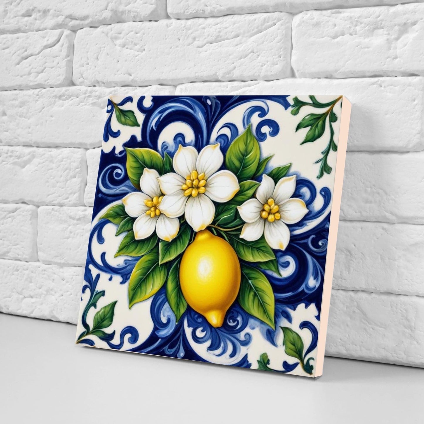 Italian Majolica Lemon Tiles - Set of 2 Mediterranean Flower Wall Decor -Kitchen Backsplash,Bathroom, Shower Wall,Fireplace,Sink Splashback