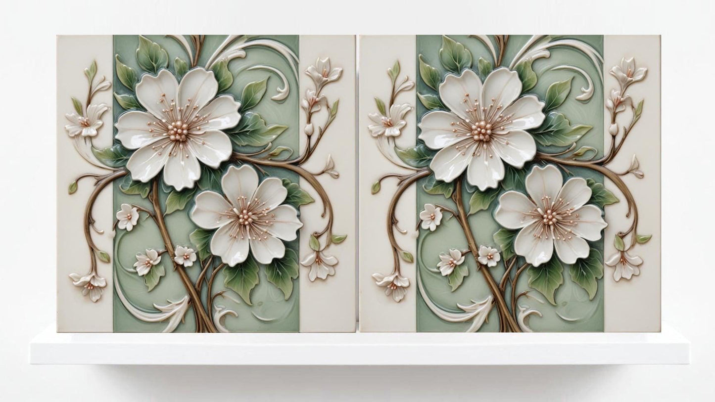 Art Nouveau Flower Ceramic Tiles - Set of 2 Botanical Wall Decor Tiles - Kitchen Backsplash,Shower, Bathroom Wall,Sink Splashback, Fireplace