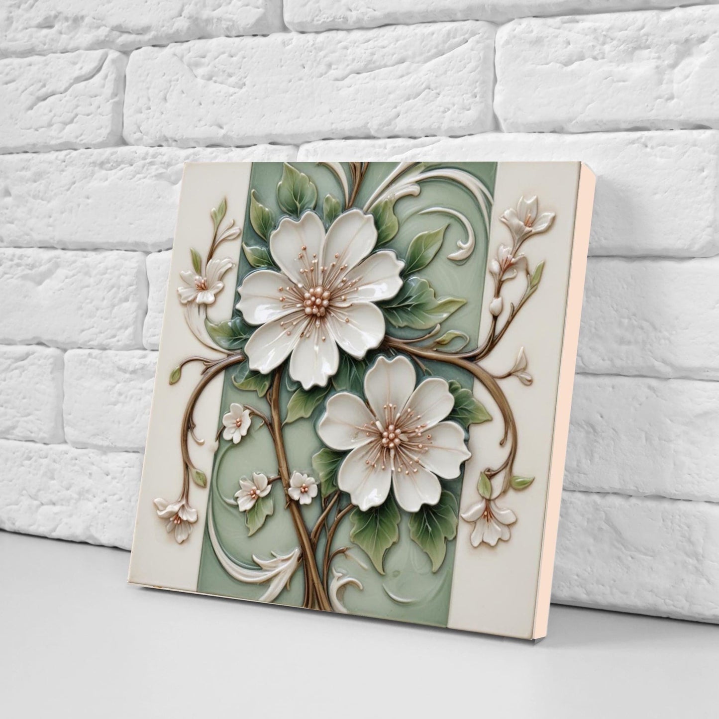 Art Nouveau Flower Ceramic Tiles - Set of 2 Botanical Wall Decor Tiles - Kitchen Backsplash,Shower, Bathroom Wall,Sink Splashback, Fireplace
