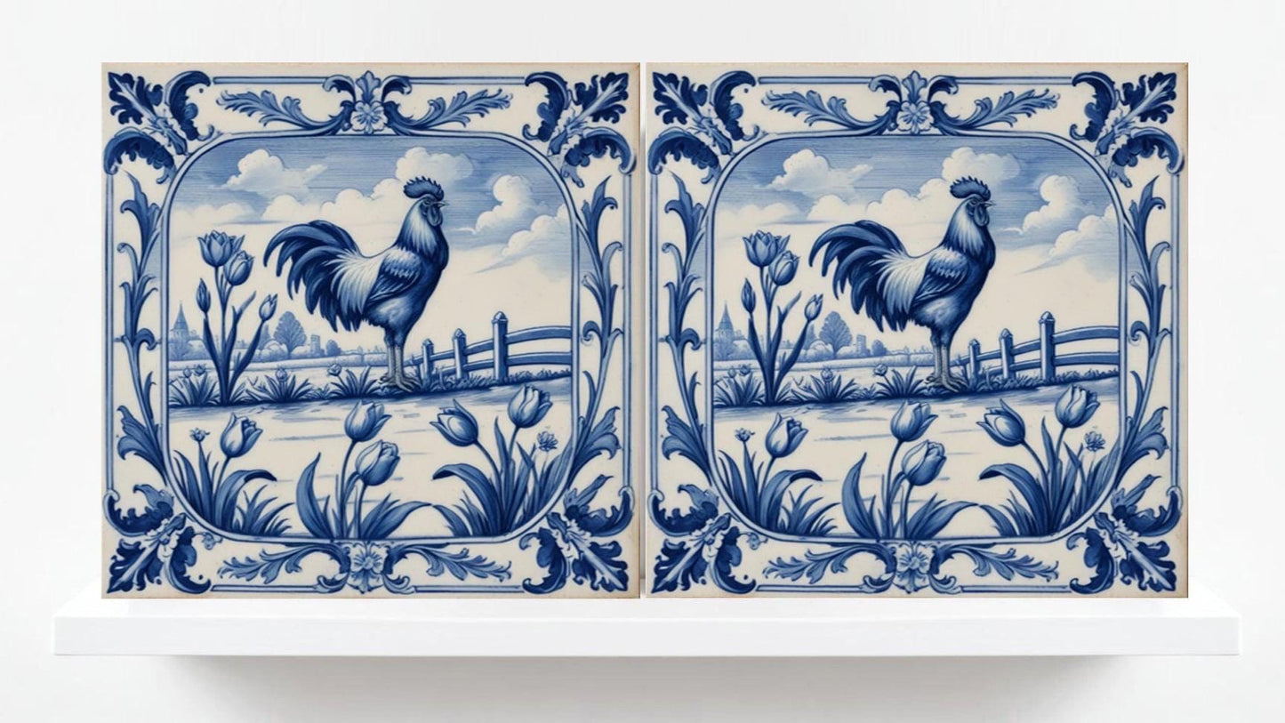 Rooster Tile-Delft Bird-Dutch Blue Ceramic Tile - Set of 2 Ceramic Delftware Tiles-Delft Prints-Kitchen Backsplash,Sink,Bathroom,Shower Wall