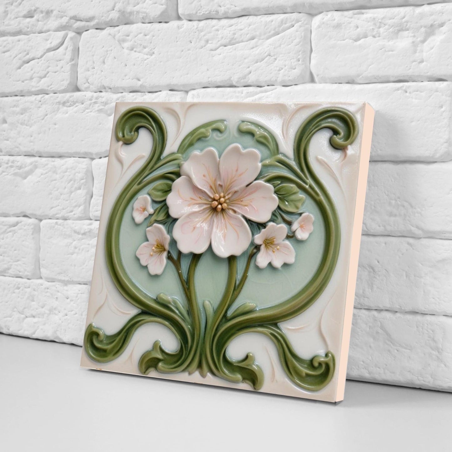 Art Nouveau Flower Ceramic Tiles - Set of 2 Botanical Wall Decor Tiles - Kitchen Backsplash,Shower, Bathroom Wall,Sink Splashback, Fireplace