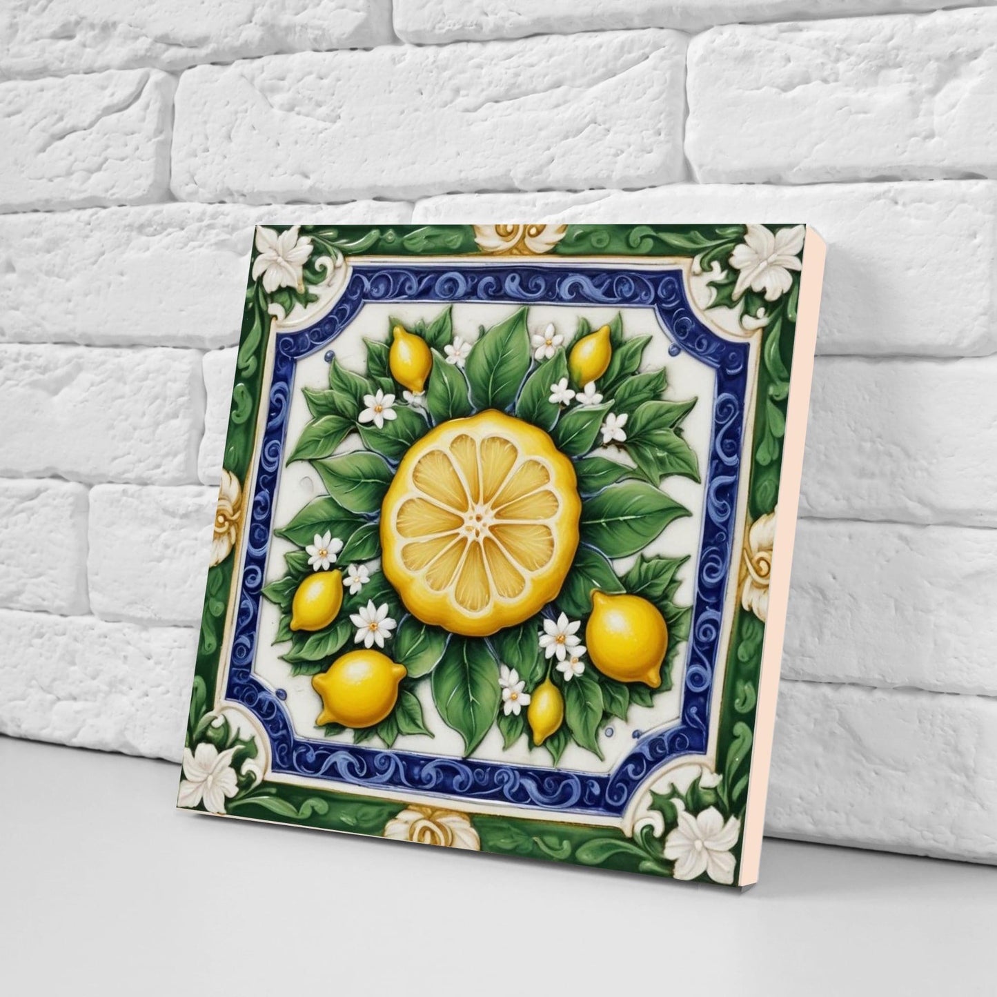Italian Majolica Lemon Fruit Tiles - Set of 2 Mediterranean Wall Decor -Kitchen Backsplash,Bathroom, Shower Wall,Fireplace,Sink Splashback