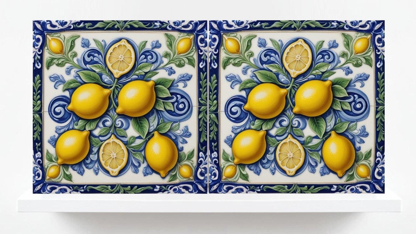 Italian Majolica Lemon Tiles - Set of 2 Mediterranean Wall Decor Tiles -Kitchen Backsplash,Bathroom,Shower Wall,Fireplace,Sink Splashback