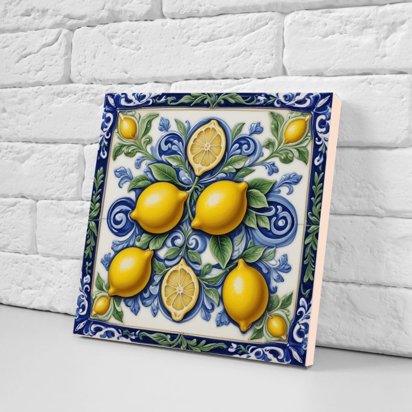 Italian Majolica Lemon Tiles - Set of 2 Mediterranean Wall Decor Tiles -Kitchen Backsplash,Bathroom,Shower Wall,Fireplace,Sink Splashback