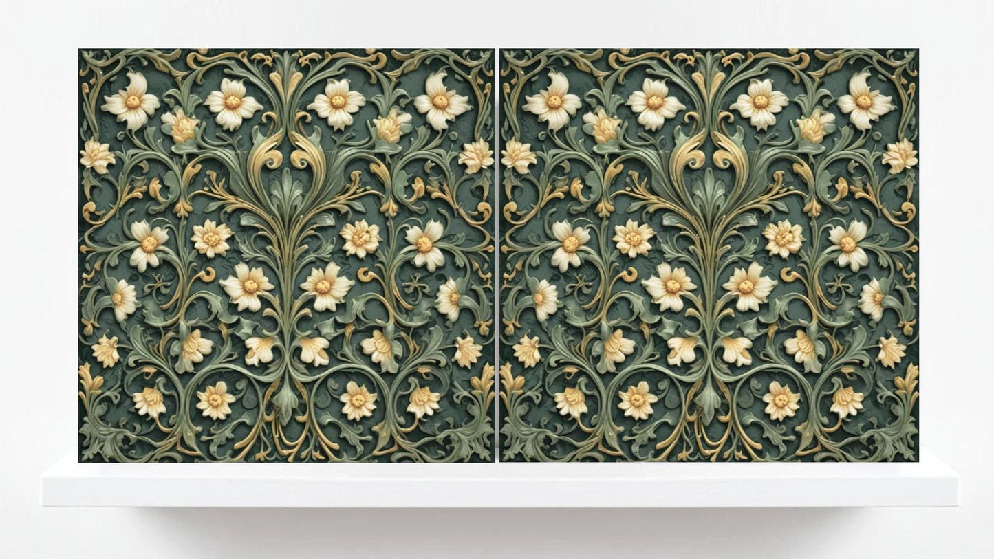Green Art Nouveau Ceramic Tiles Botanical Print Floral Pattern-Set of 2 Wall Decor - Kitchen Backsplash,Bathroom,Shower Wall,Sink Splashback