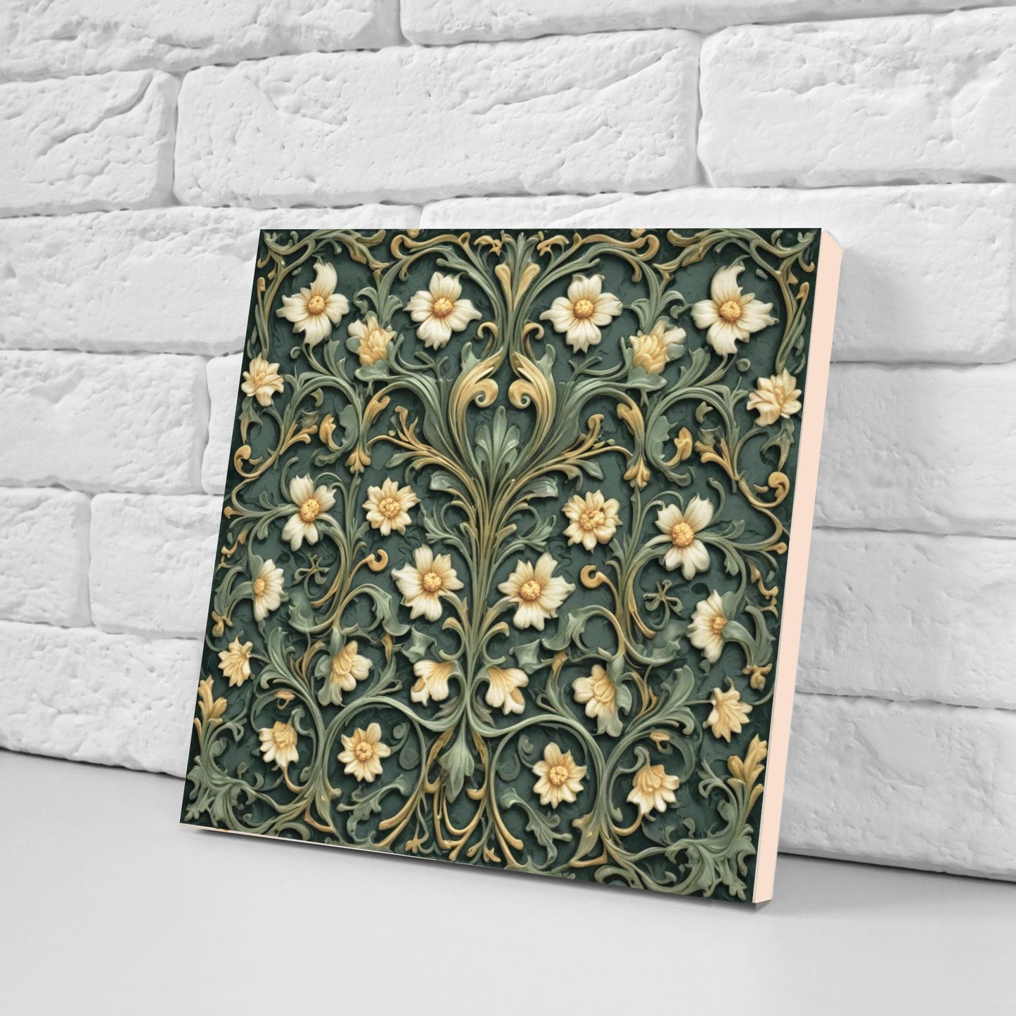 Green Art Nouveau Ceramic Tiles Botanical Print Floral Pattern-Set of 2 Wall Decor - Kitchen Backsplash,Bathroom,Shower Wall,Sink Splashback