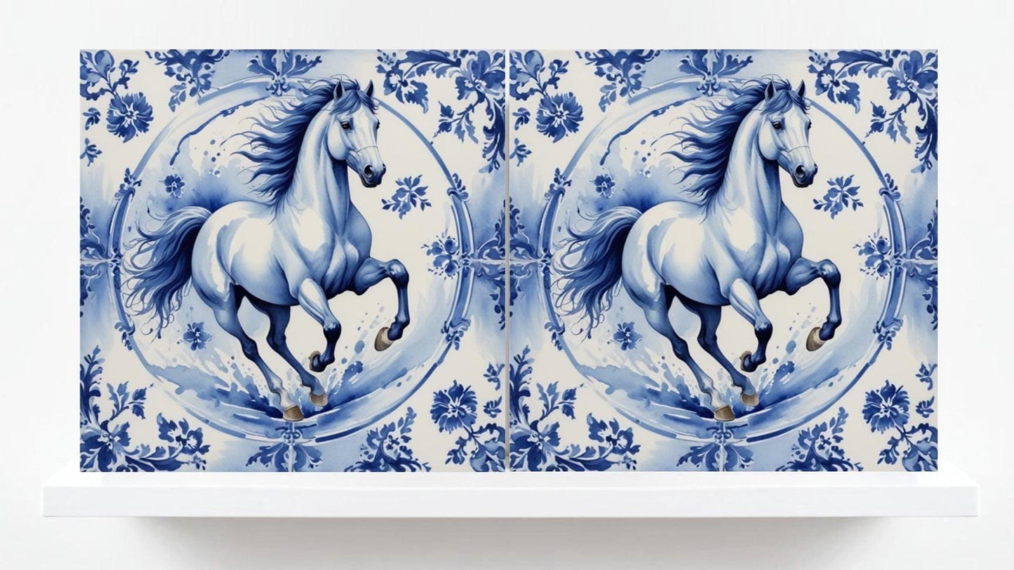 Delft Blue Tile Animal-Horse Tile-Set of 2 Ceramic Delftware Tiles-Delft Prints Countryside Wall Art,Kitchen Backsplash,Sink,Bathroom,Shower