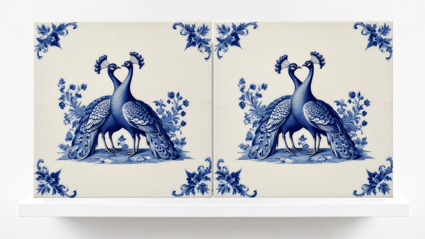Delft Blue Tile Animal-Bird Tile-Set of 2 Ceramic Delft Corner Tiles-Delft Prints-Peacock Tiles-Kitchen Backsplash,Sink,Bathroom,Shower Wall