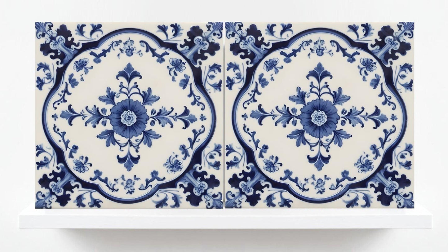 Delft Floral Tile - Delft Blue Tile - Set of 2 Ceramic Delftware Tiles- Flower Tiles - Delft Prints Wall - Kitchen Backsplash, Sink,Bathroom