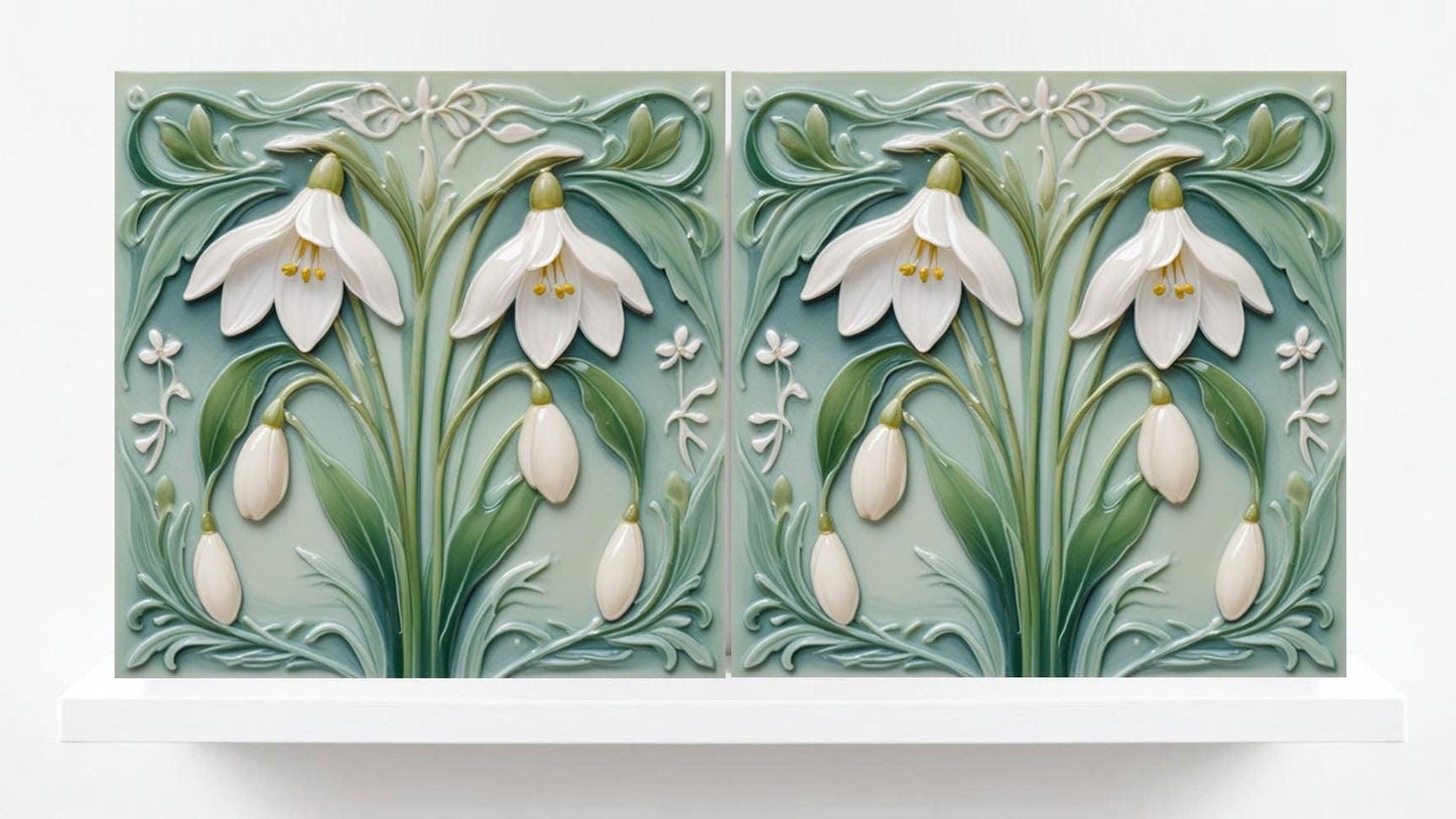 Snowdrop Tile Botanical Print Flower Ceramic Tiles -Set of 2 Green Art Nouveau Wall Decor-Kitchen Backsplash Tiles,Bathroom,Shower Wall,Sink