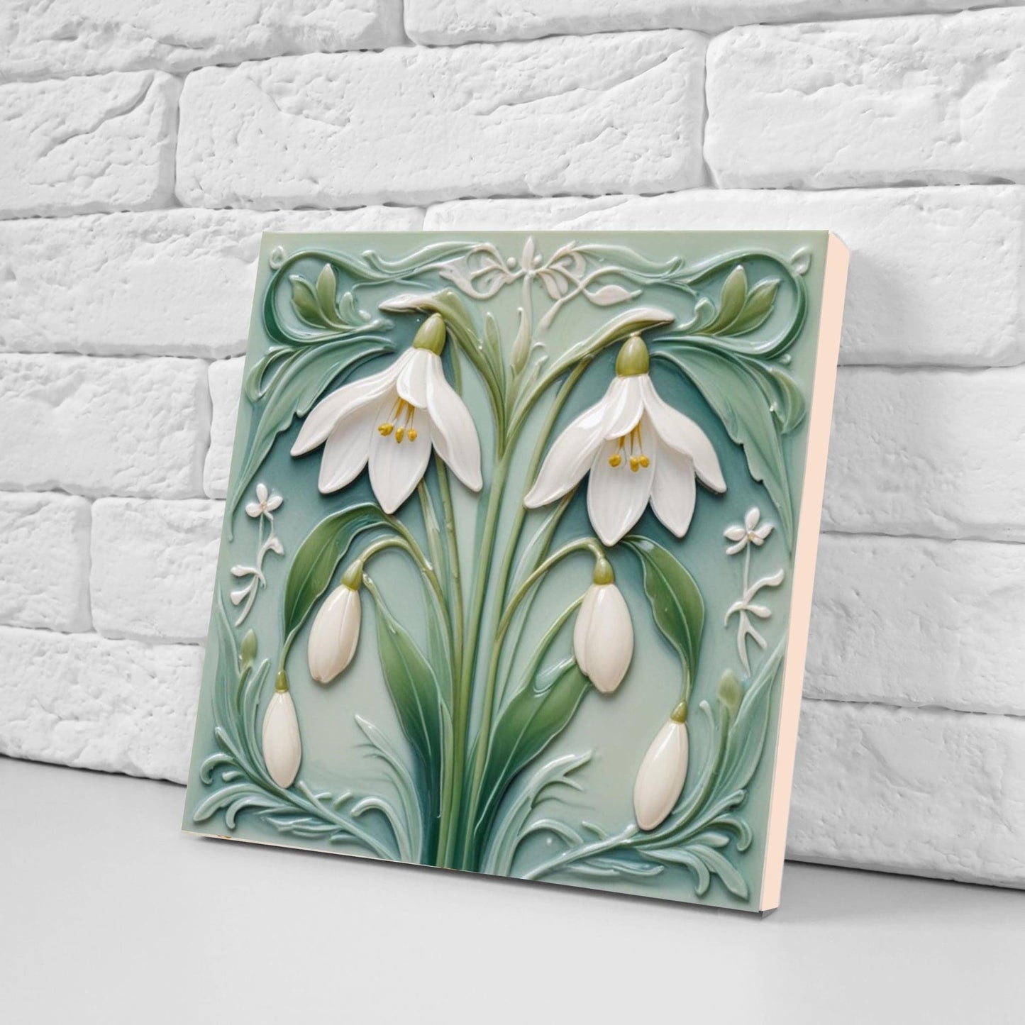 Snowdrop Tile Botanical Print Flower Ceramic Tiles -Set of 2 Green Art Nouveau Wall Decor-Kitchen Backsplash Tiles,Bathroom,Shower Wall,Sink