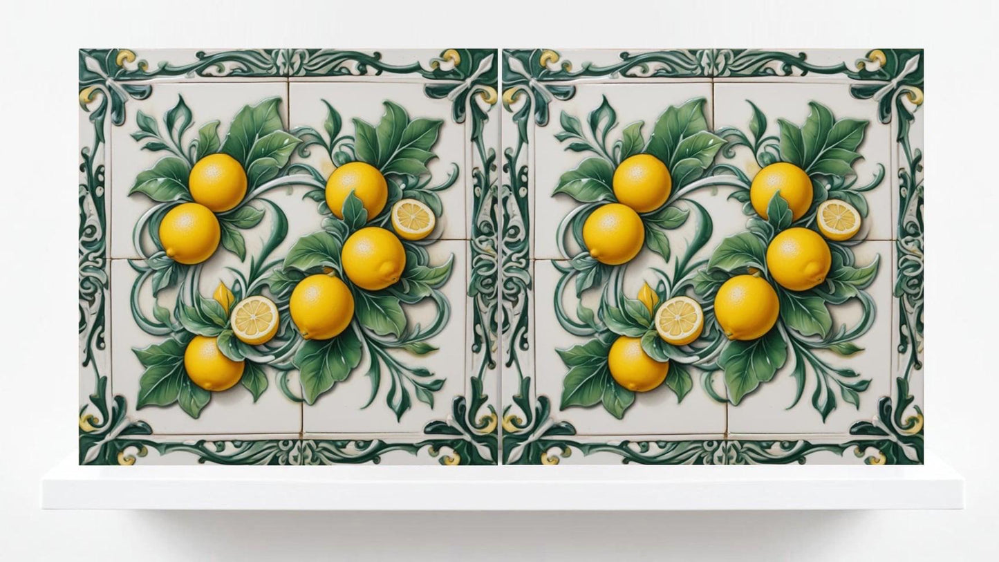 Italian Majolica Lemon Tiles - Set of 2 Mediterranean Wall Decor Tiles -Kitchen Backsplash,Bathroom,Shower Wall,Fireplace, Sink Splashback
