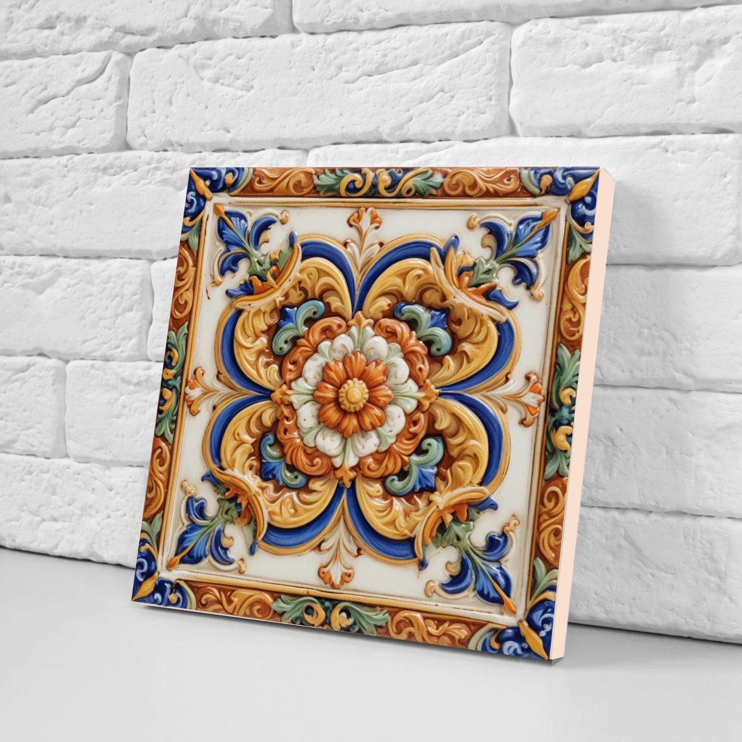 Italian Majolica Floral Tiles - Set of 2 Mediterranean Flower Wall Decor -Kitchen Backsplash,Bathroom, Shower Wall,Fireplace,Sink Splashback
