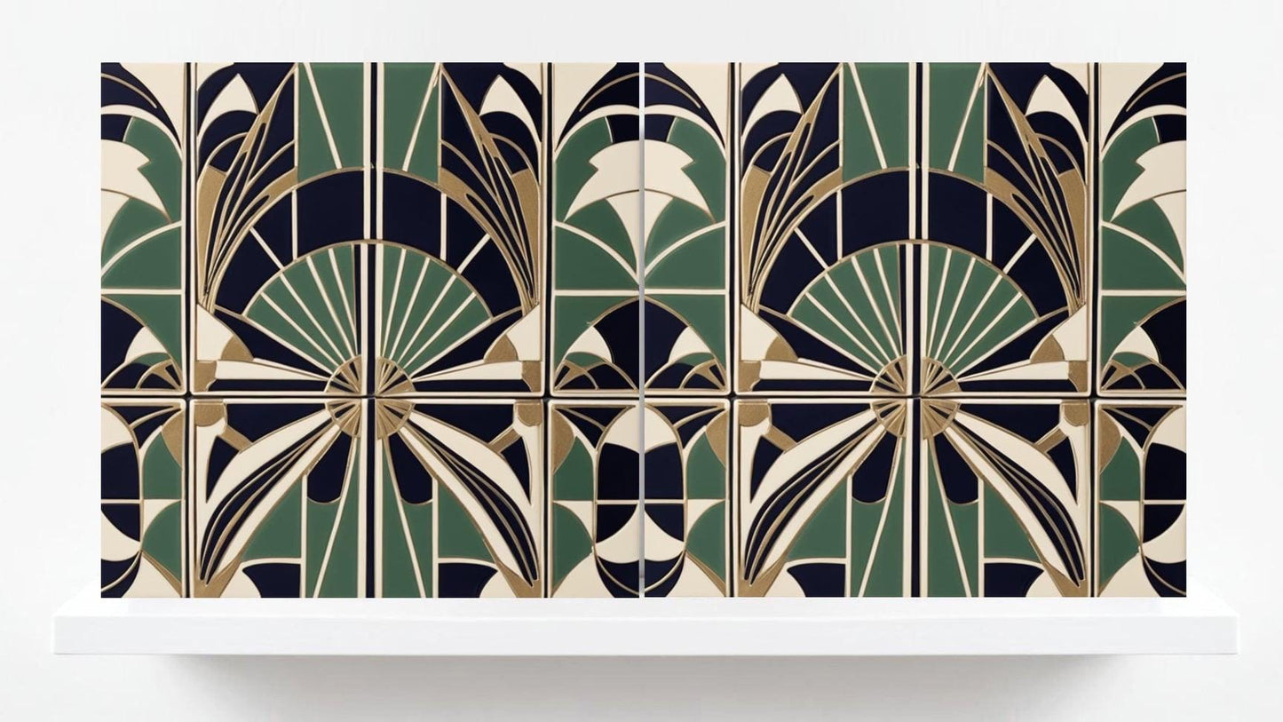 Art Deco Ceramic Tiles Green- Set of 2 Retro Wall Decor Geometric Print - Kitchen Backsplash Tiles,Shower, Bathroom Wall,Sink Splashback