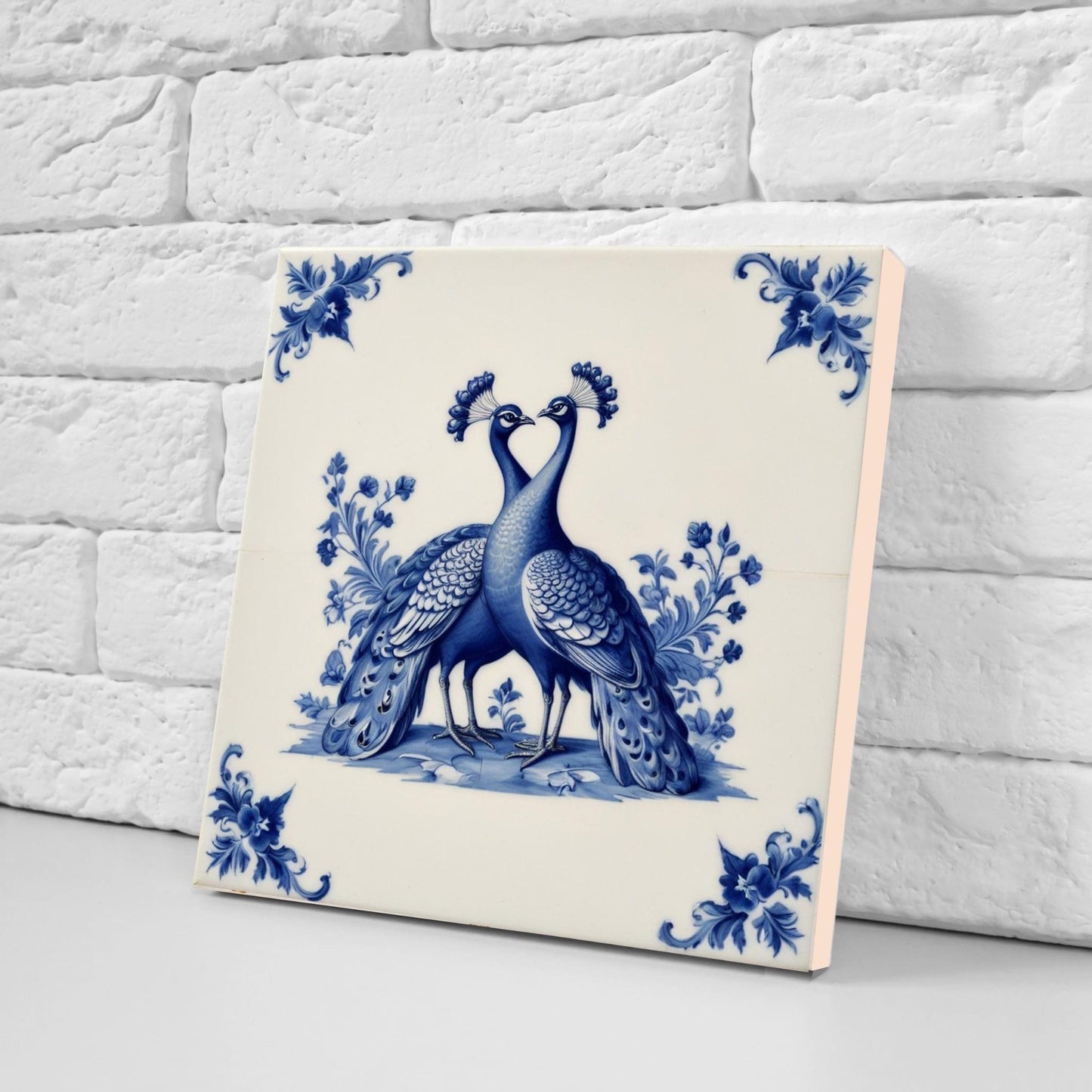 Delft Blue Tile Animal-Bird Tile-Set of 2 Ceramic Delft Corner Tiles-Delft Prints-Peacock Tiles-Kitchen Backsplash,Sink,Bathroom,Shower Wall