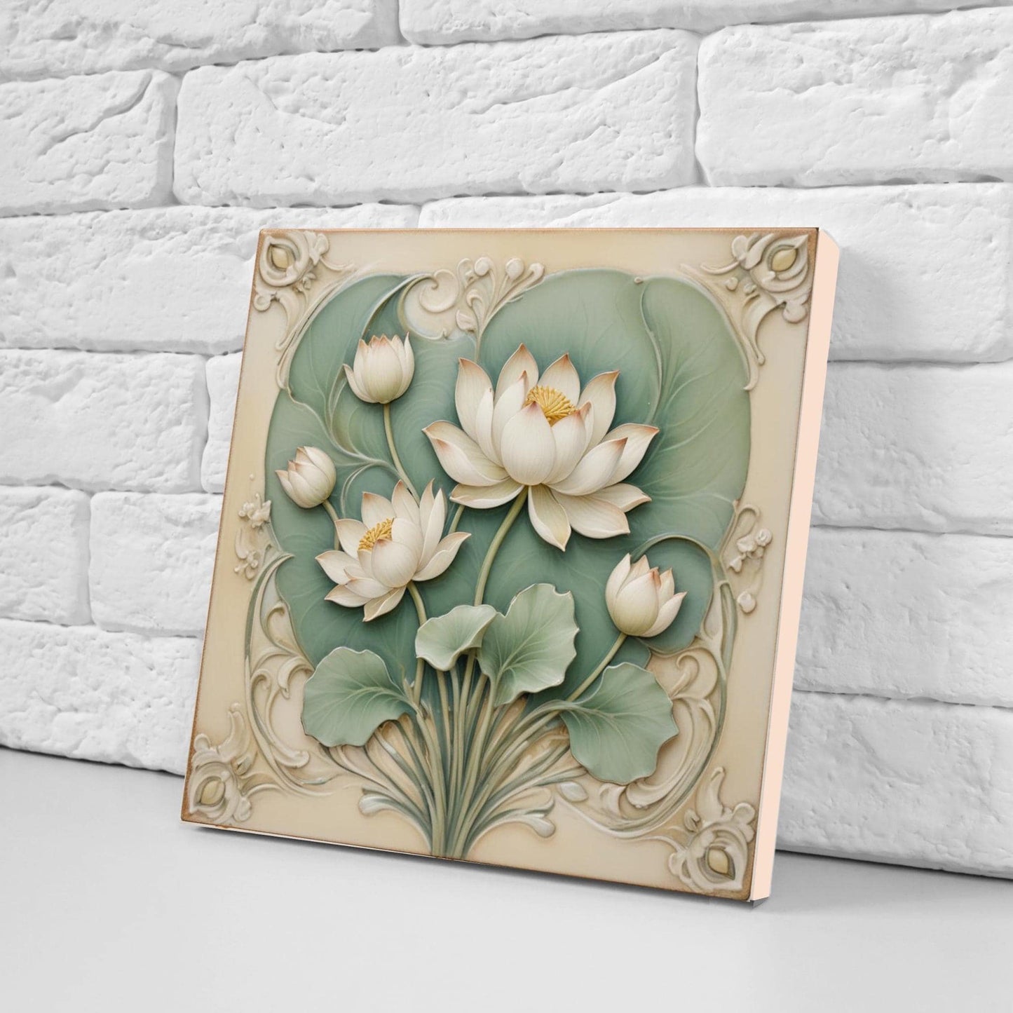 Lotus Tile Green Art Nouveau Flower Ceramic Tiles-Set of 2 Botanical Wall Decor Tiles - Kitchen Backsplash,Shower,Bathroom,Sink Splashback