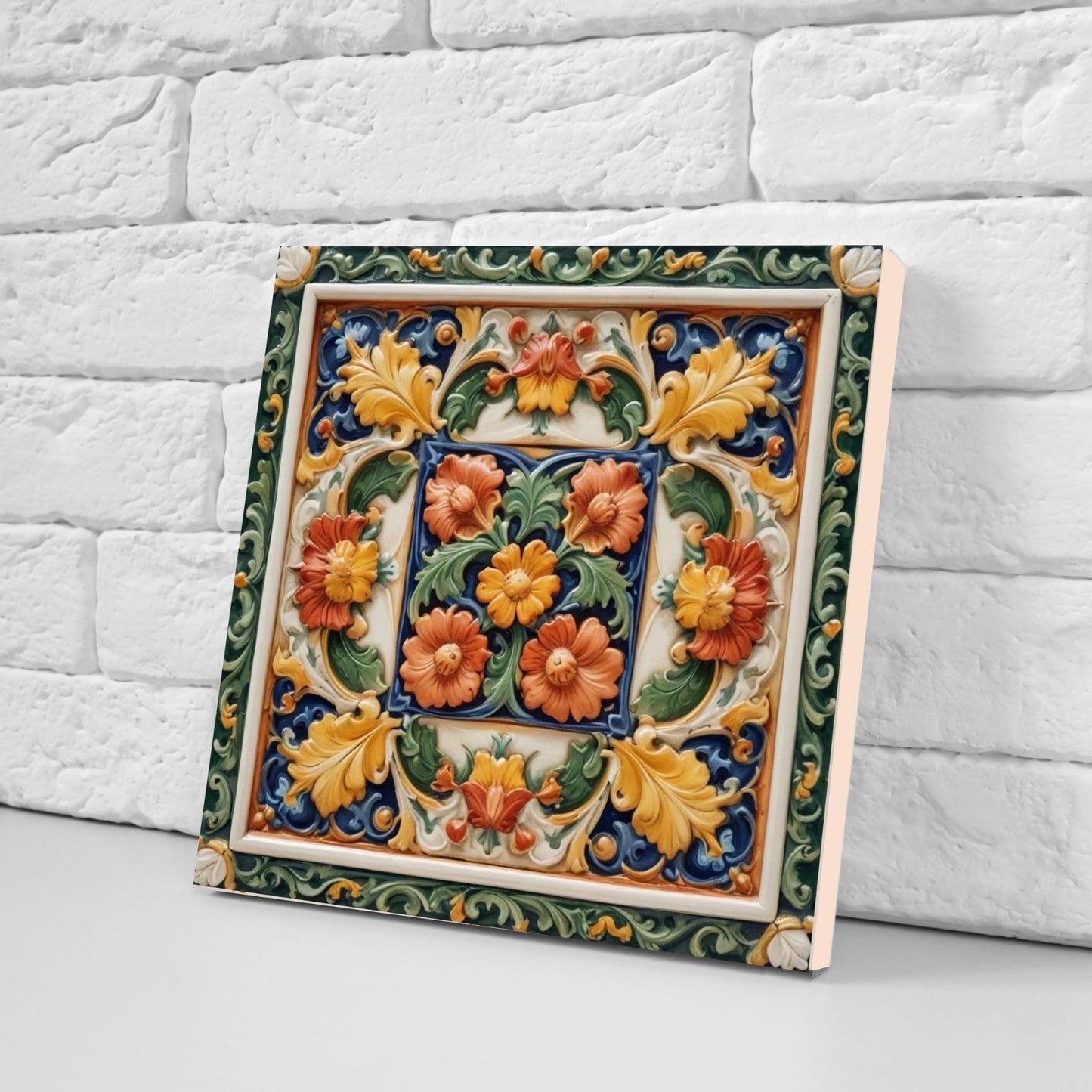 Italian Majolica Floral Tiles - Set of 2 Mediterranean Flower Wall Decor -Kitchen Backsplash,Bathroom, Shower Wall,Fireplace,Sink Splashback