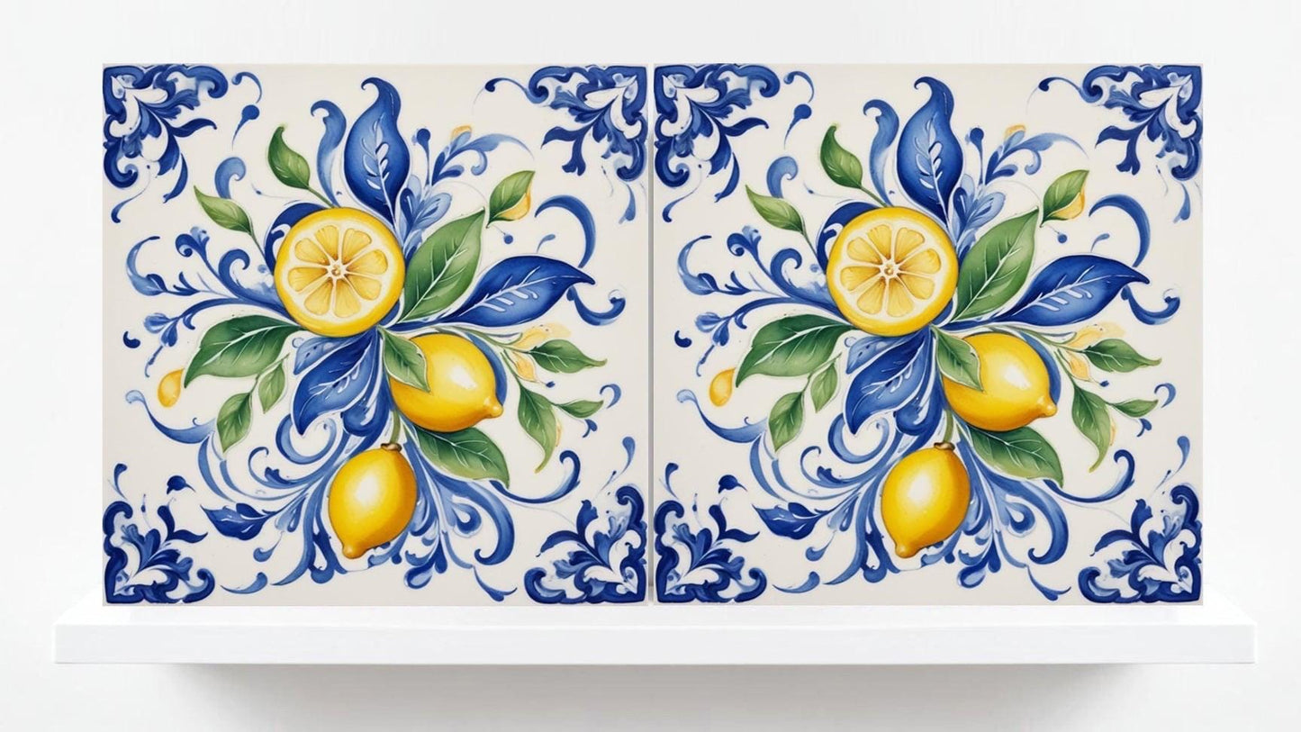 Italian Majolica Lemon Tiles - Set of 2 Mediterranean Wall Decor Fruit Tiles -Kitchen Backsplash,Bathroom,Shower ,Fireplace, Sink Splashback