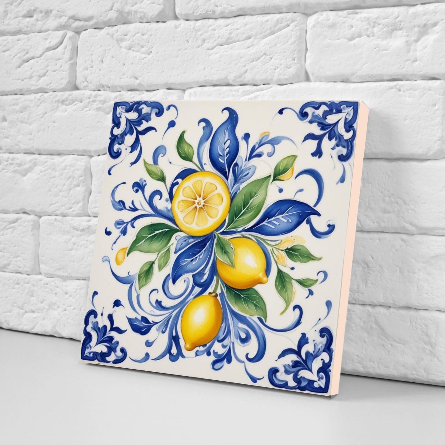 Italian Majolica Lemon Tiles - Set of 2 Mediterranean Wall Decor Fruit Tiles -Kitchen Backsplash,Bathroom,Shower ,Fireplace, Sink Splashback