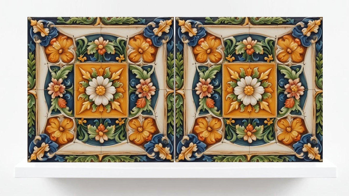Italian Majolica Flower Set of 2 Sicilian Wall Decor Ceramic Tiles,Kitchen Backsplash Tiles,Sink Splashback,Bathroom,Shower Wall ,Fireplace