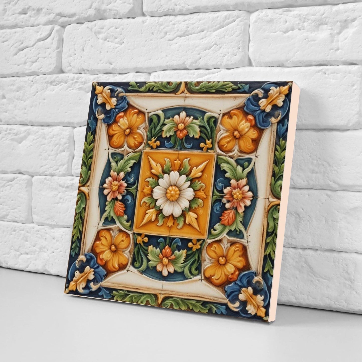 Italian Majolica Flower Set of 2 Sicilian Wall Decor Ceramic Tiles,Kitchen Backsplash Tiles,Sink Splashback,Bathroom,Shower Wall ,Fireplace