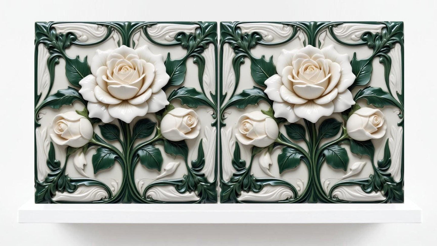 Rose Tile Art Nouveau Flower Ceramic Tiles - Set of 2 Botanical Wall Decor Print -Kitchen Backsplash,Bathroom,Shower Wall,Sink Splashback