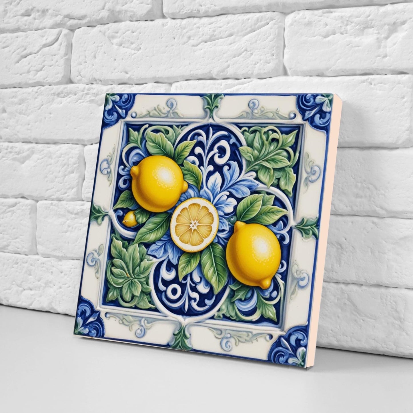 Italian Majolica Lemon Fruit Tiles - Set of 2 Mediterranean Wall Art Decor-Kitchen Backsplash,Bathroom,Shower Wall,Fireplace,Sink Splashback