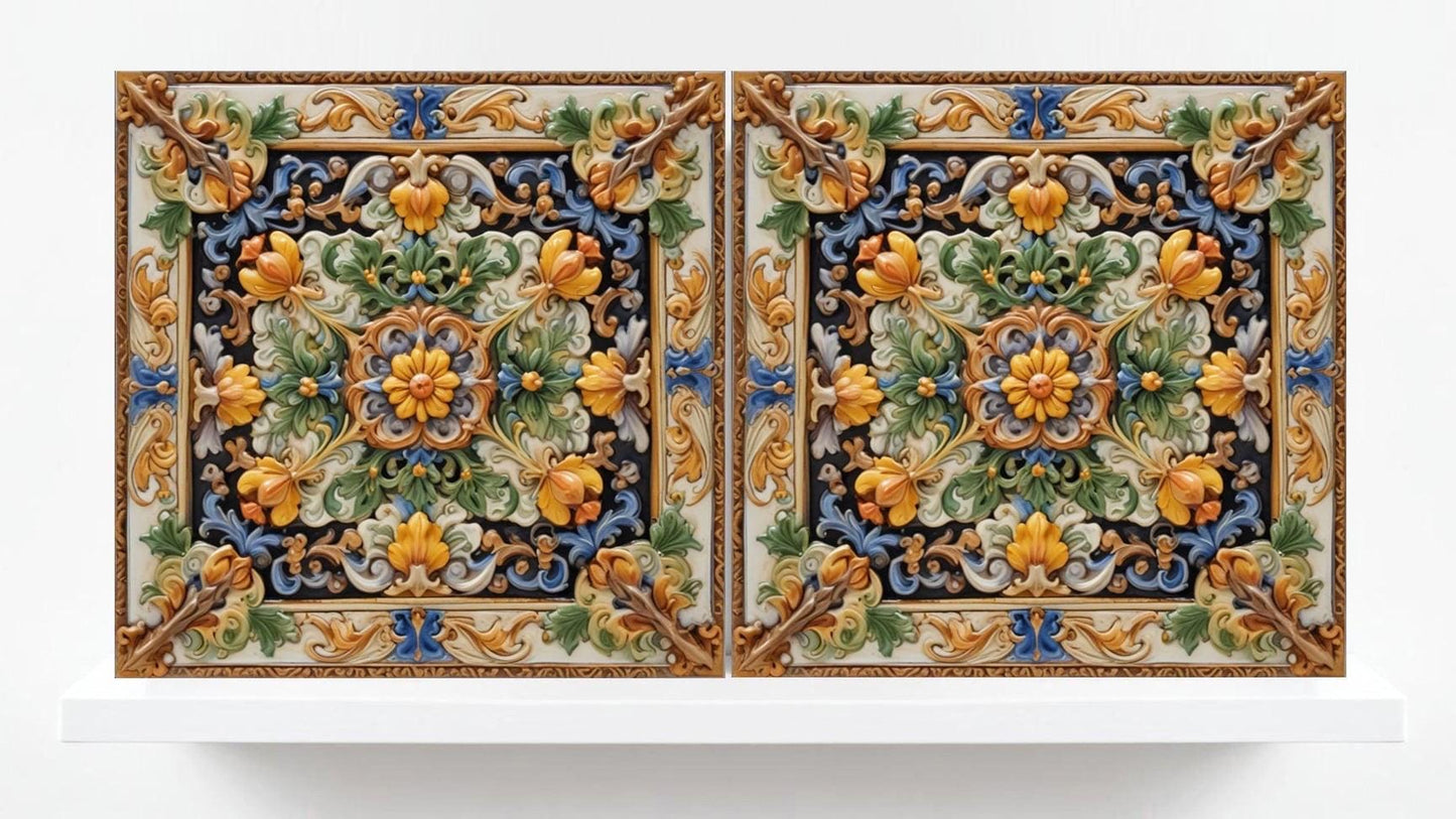 Italian Majolica Floral Tiles - Set of 2 Mediterranean Flower Wall Decor -Kitchen Backsplash,Bathroom, Shower Wall,Fireplace,Sink Splashback