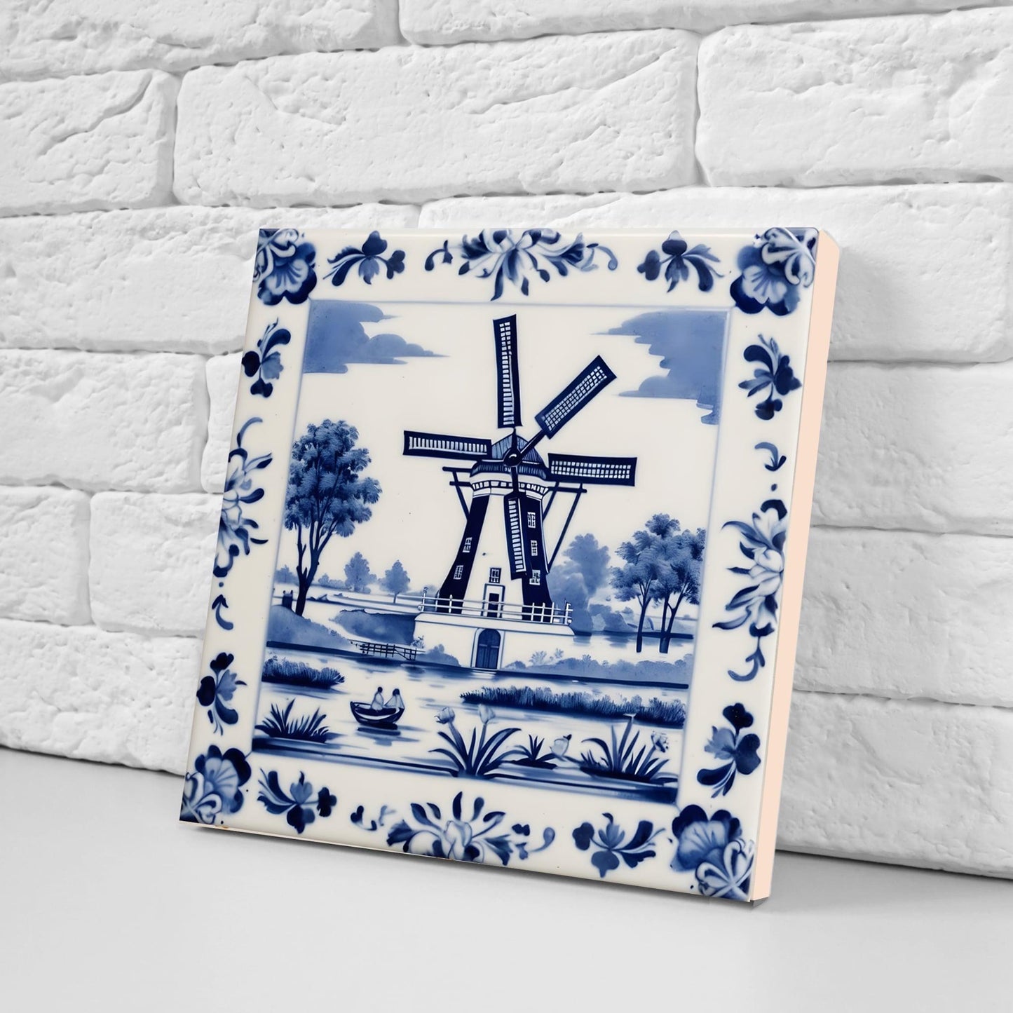 Delft Windmill Blue Ceramic Tile - Set of 2 Delftware Tiles-Delft Blue Ceramic Windmills - Delft Prints- Kitchen Backsplash,Sink,Bathroom