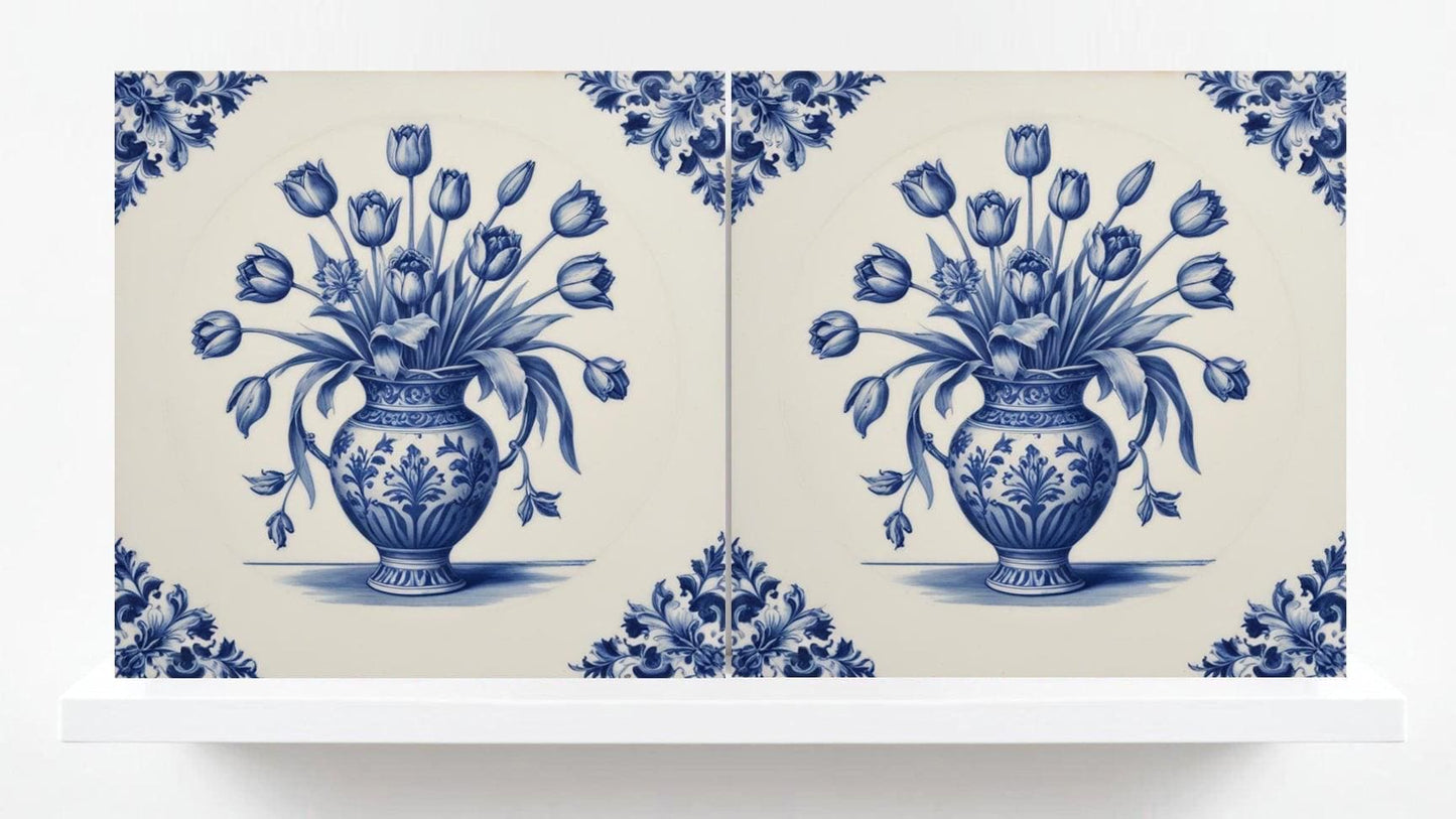 Delft Tulip Tile- Delft Blue Tile -Set of 2 Ceramic Delft Floral Tiles- Flower Tiles - Delft Prints Wall - Kitchen Backsplash, Sink,Bathroom