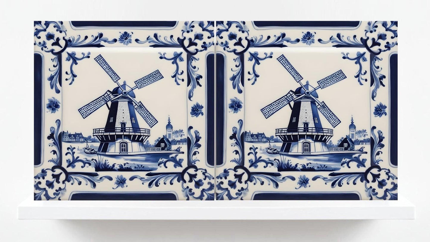 Delft Windmill Blue Ceramic Tile - Set of 2 Delftware Tiles-Delft Blue Ceramic Windmills - Delft Prints- Kitchen Backsplash,Sink,Bathroom
