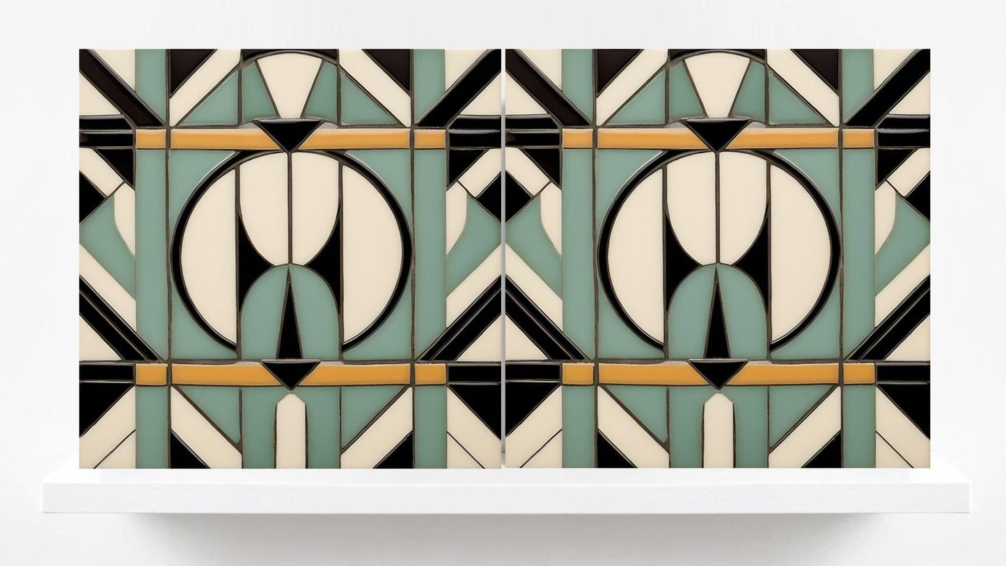 Art Deco Tile Green Backsplash - Set of 2 Retro Wall Decor Geometric Tiles - Kitchen, Bathroom, Sink Splashback,Shower Wall Art,Fireplace
