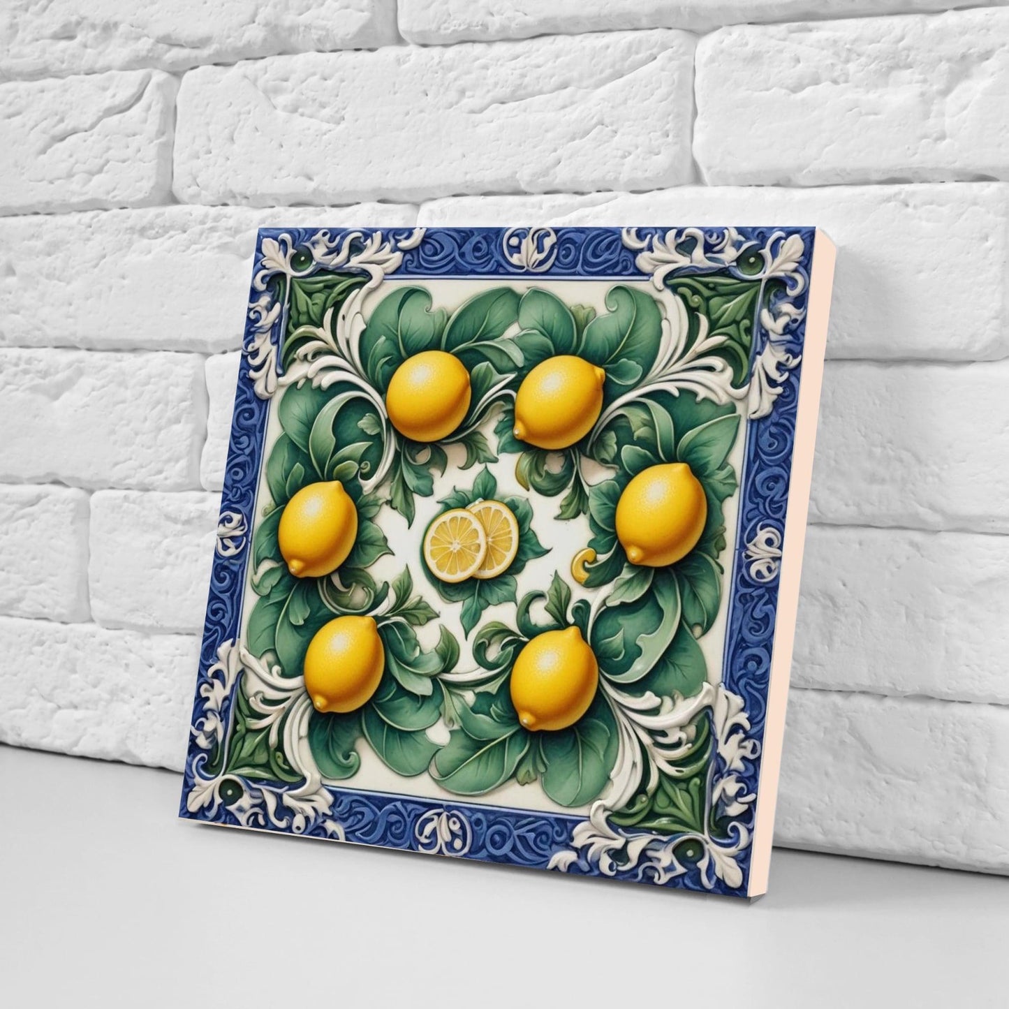 Italian Majolica Lemon Tiles - Set of 2 Mediterranean Wall Decor Tiles -Kitchen Backsplash,Bathroom,Shower Wall,Fireplace, Sink Splashback