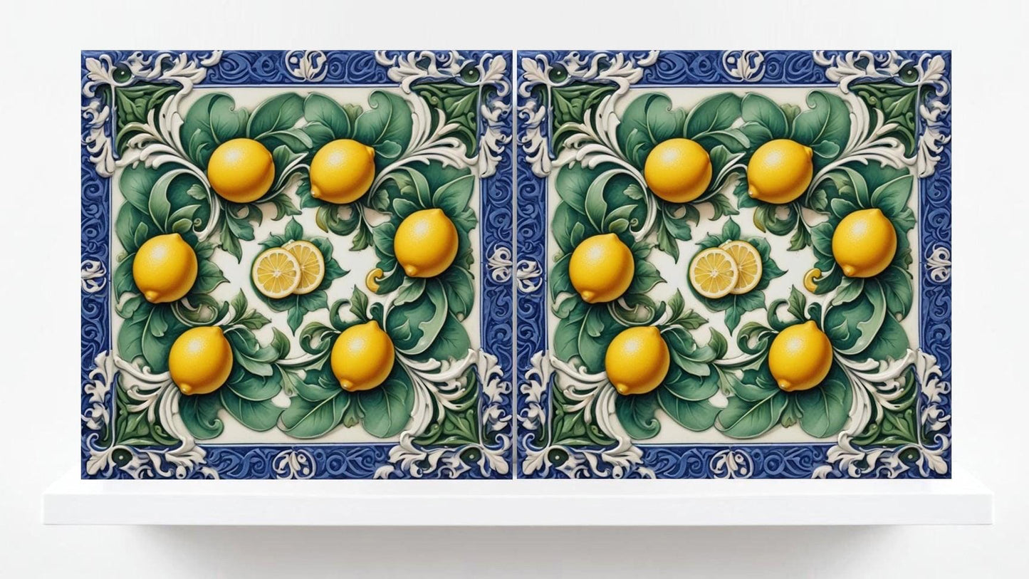 Italian Majolica Lemon Tiles - Set of 2 Mediterranean Wall Decor Tiles -Kitchen Backsplash,Bathroom,Shower Wall,Fireplace, Sink Splashback