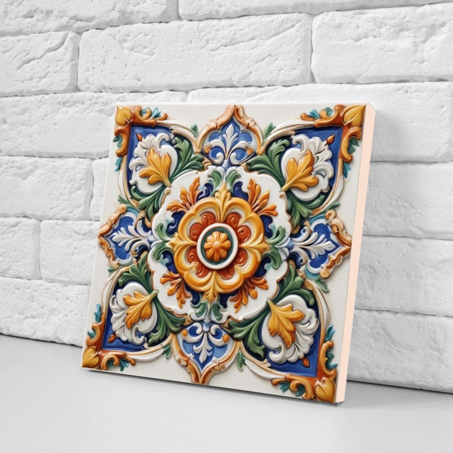 Italian Majolica Floral Tiles - Set of 2 Mediterranean Flower Wall Decor -Kitchen Backsplash,Bathroom, Shower Wall,Fireplace,Sink Splashback