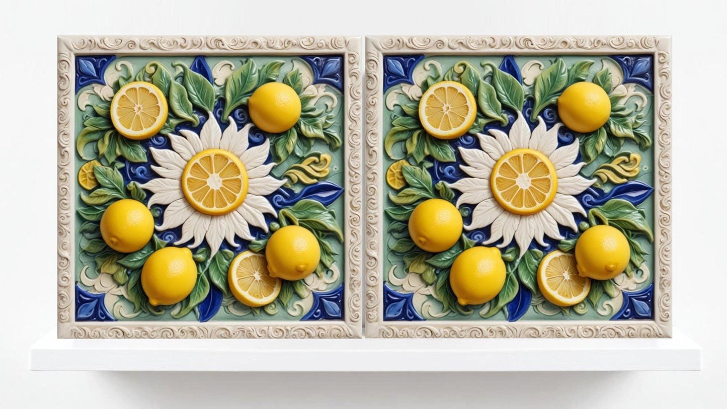 Italian Majolica Lemon Tiles - Set of 2 Fruit Wall Decor Tiles -Kitchen Backsplash, Shower Wall, Fireplace,Sink Splashback,Bathroom Tiles