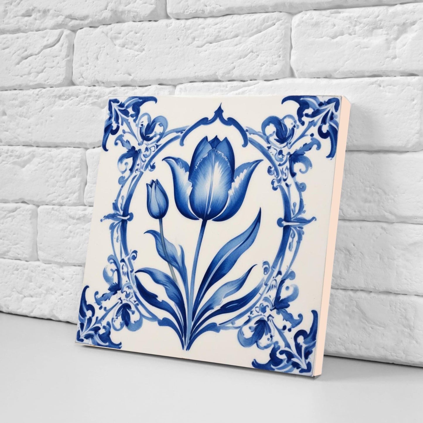 Delft Tulip Tile - Delft Blue Tile - Set of 2 Ceramic Delftware Tiles- Flower Tiles - Delft Prints Wall - Kitchen Backsplash, Sink,Bathroom