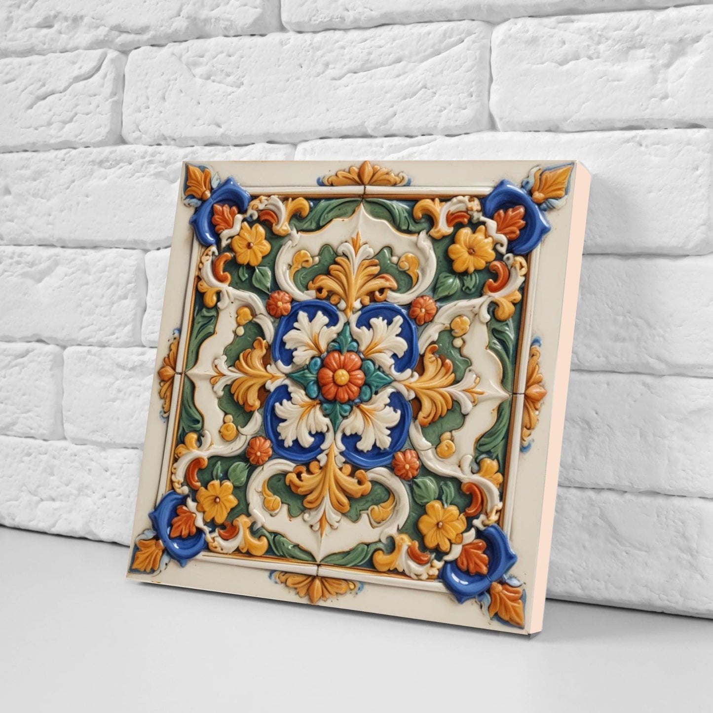 Italian Majolica Floral Tiles - Set of 2 Sicilian Flower Wall Decor -Kitchen Backsplash,Bathroom, Shower Wall,Fireplace,Sink Splashback
