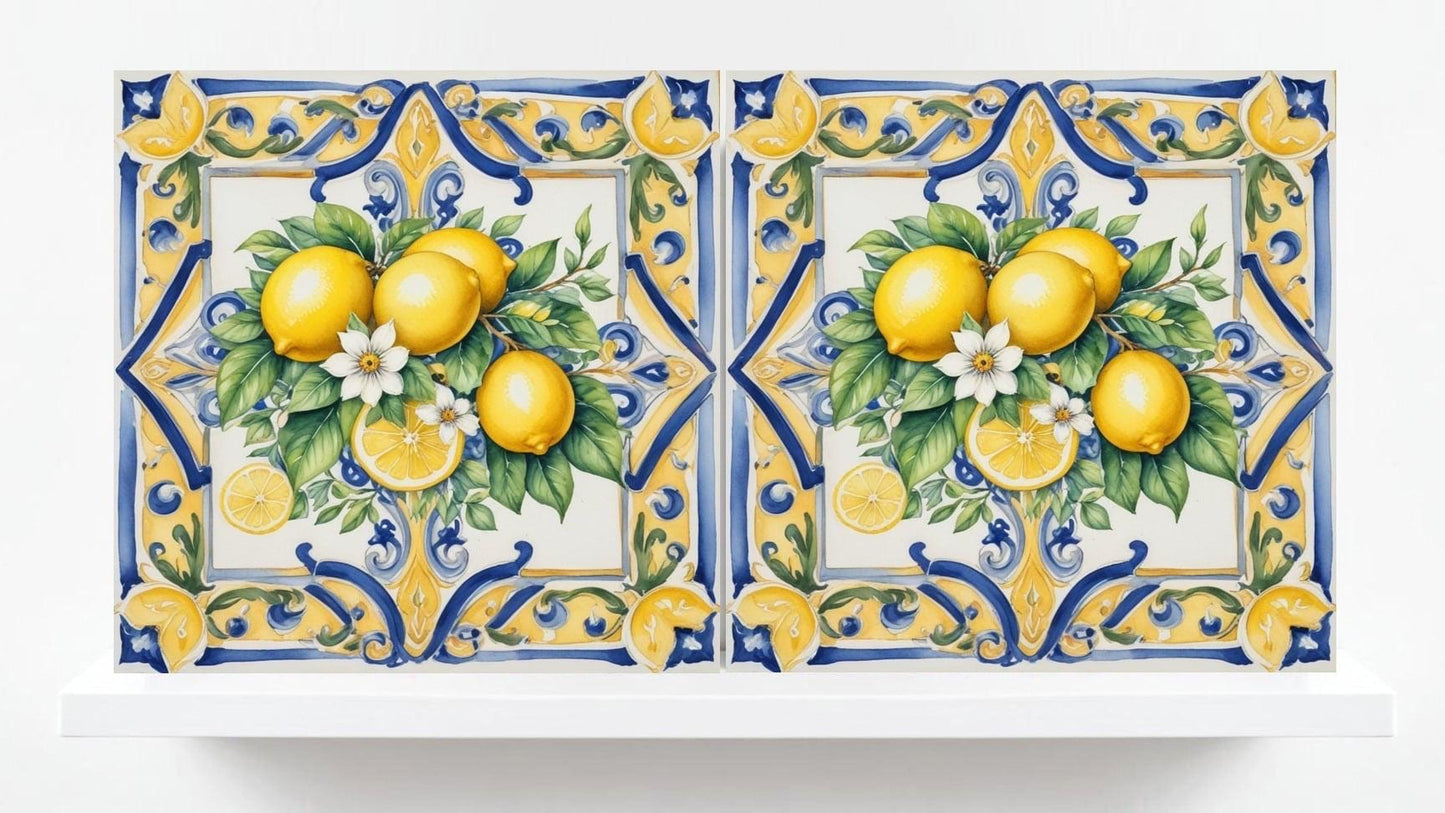 Italian Majolica Lemon Fruit Tiles - Set of 2 Mediterranean Wall Art Decor-Kitchen Backsplash,Bathroom,Shower Wall,Fireplace,Sink Splashback