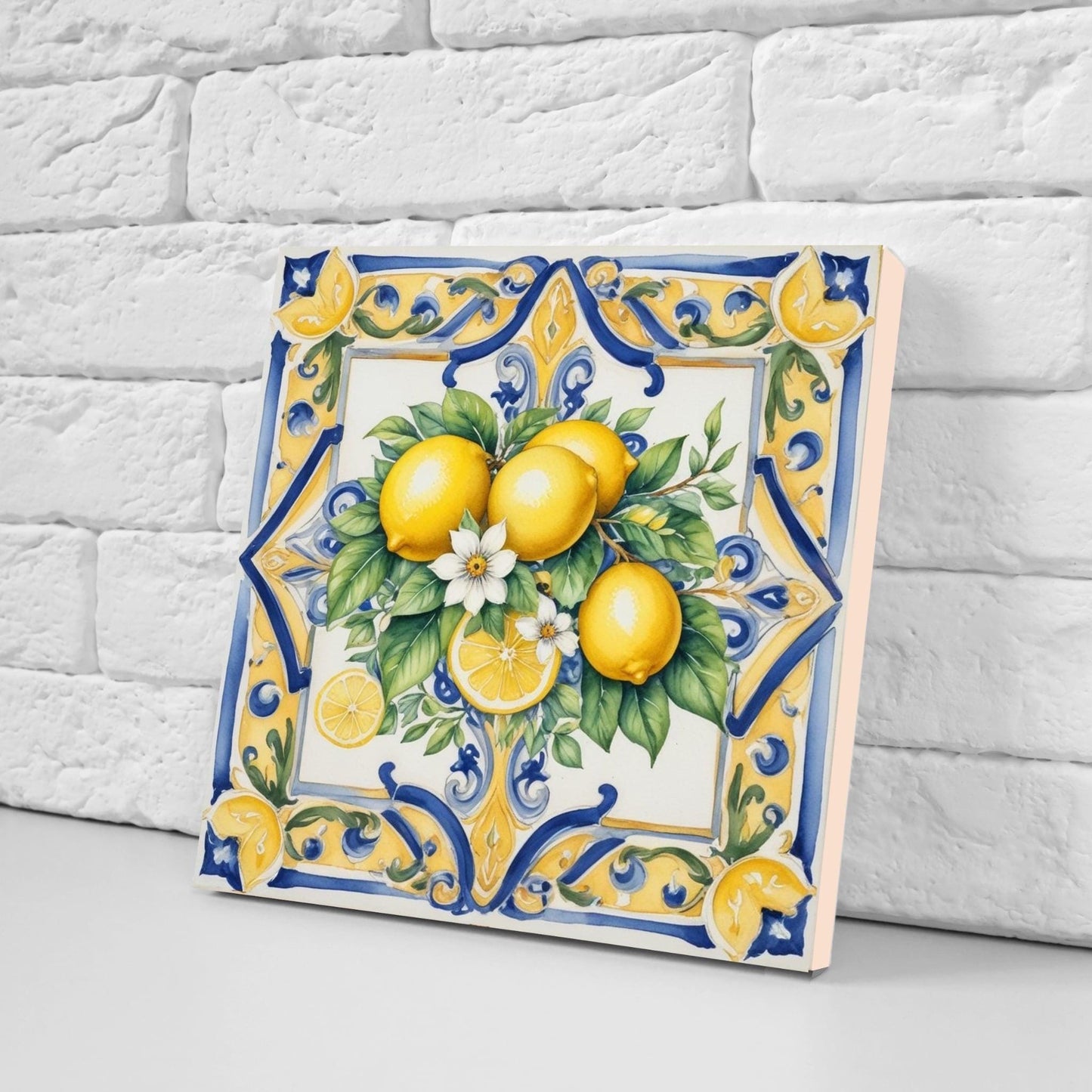 Italian Majolica Lemon Fruit Tiles - Set of 2 Mediterranean Wall Art Decor-Kitchen Backsplash,Bathroom,Shower Wall,Fireplace,Sink Splashback