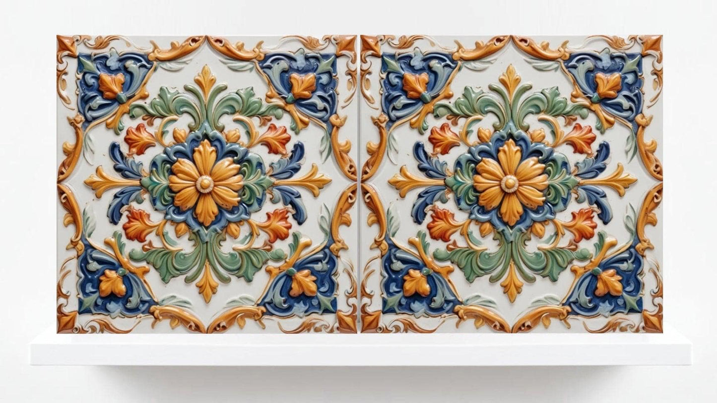 Italian Majolica Floral Tile - Set of 2 Sicilian Tiles Flower Wall Decor -Kitchen Backsplash,Bathroom, Shower Wall,Fireplace,Sink Splashback