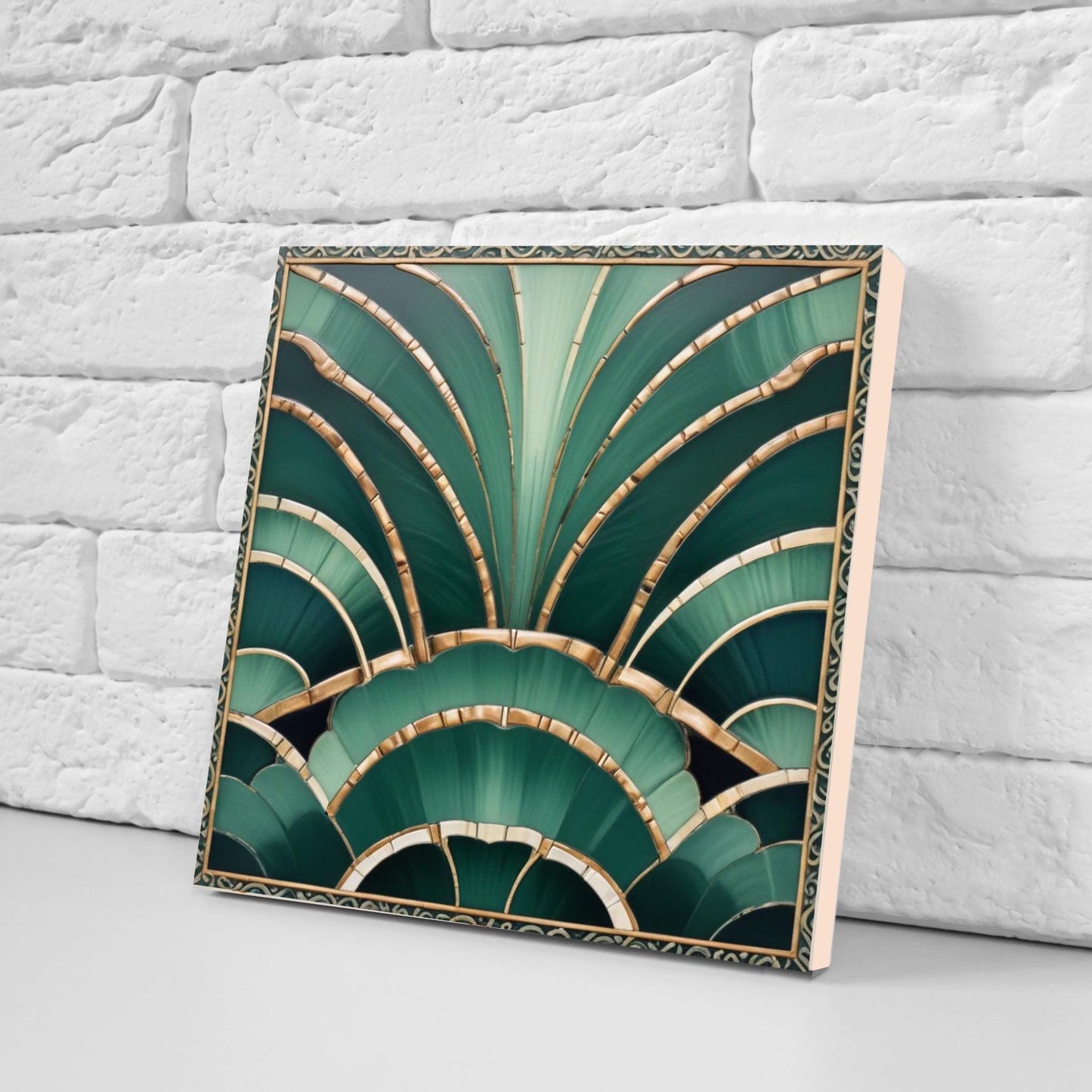 Art Deco Ceramic Tiles Green- Set of 2 Retro Wall Decor Geometric Tiles - Kitchen Backsplash,Sink Splashback,Shower, Bathroom Art,Fireplace