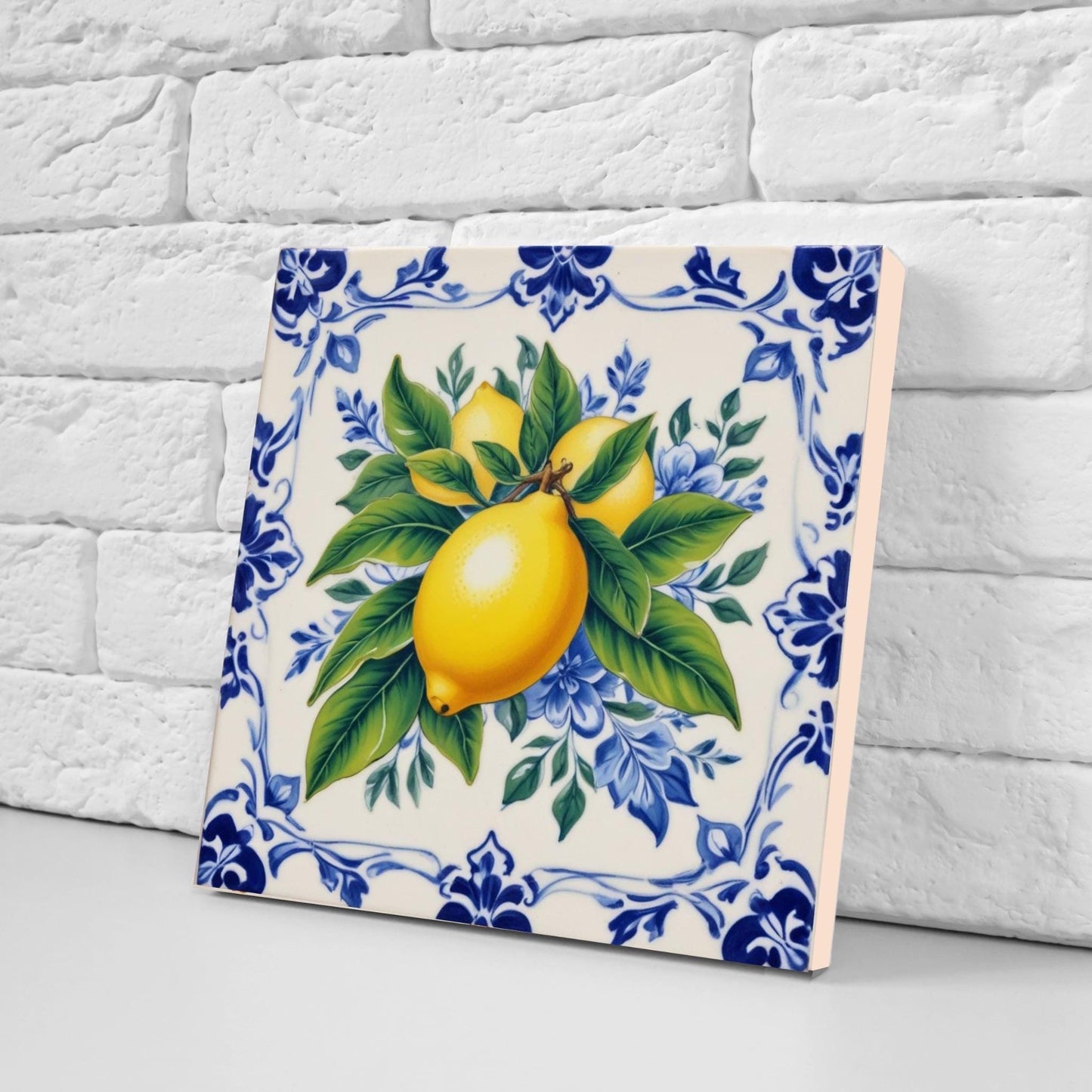 Italian Majolica Lemon Fruit Tiles - Set of 2 Sicilian Wall Art Decor-Kitchen Backsplash,Bathroom,Shower Wall Art,Fireplace,Sink Splashback