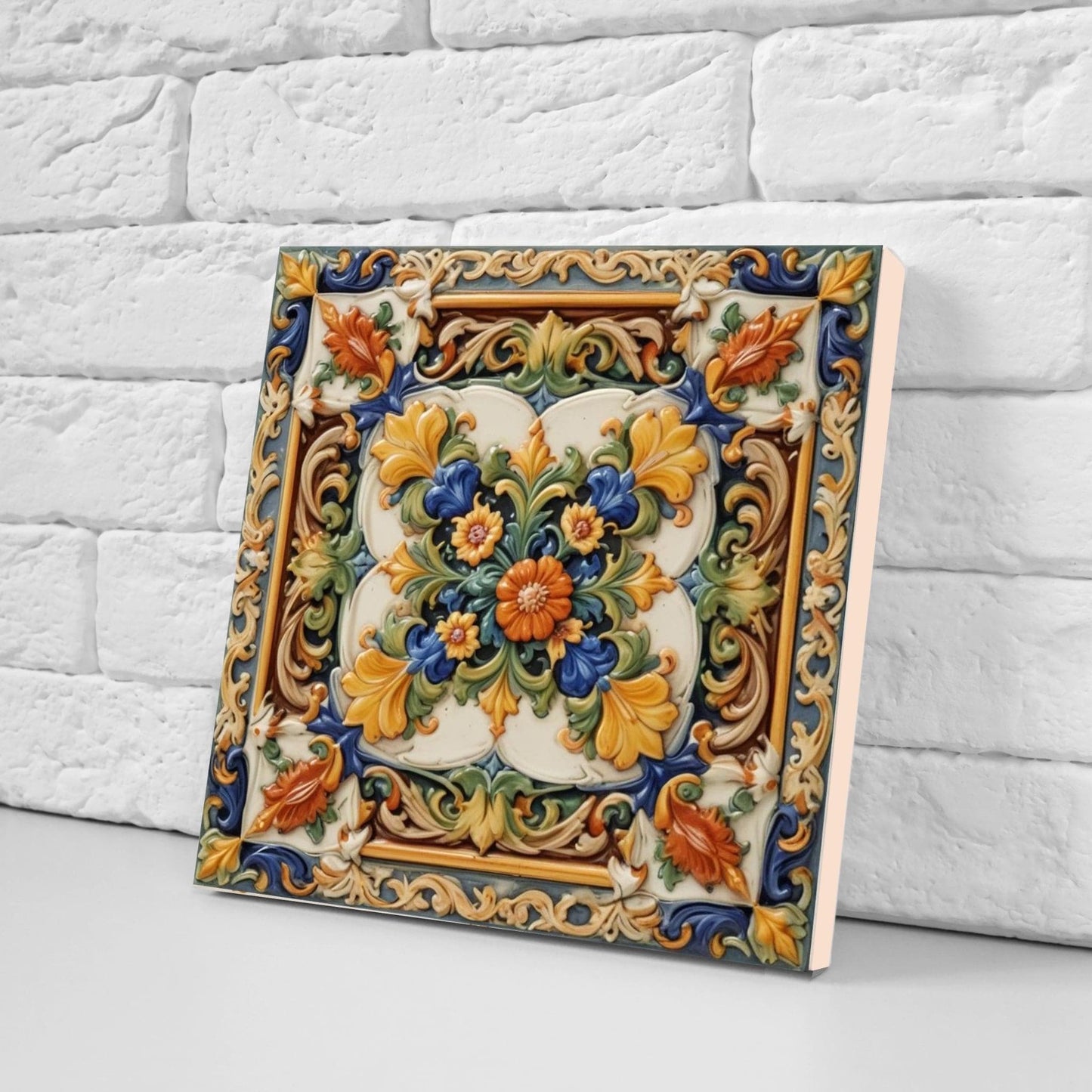 Italian Majolica Floral Tiles -Set of 2 Sicilian Tiles flower Wall Decor -Kitchen Backsplash,Bathroom, Shower Wall,Fireplace,Sink Splashback