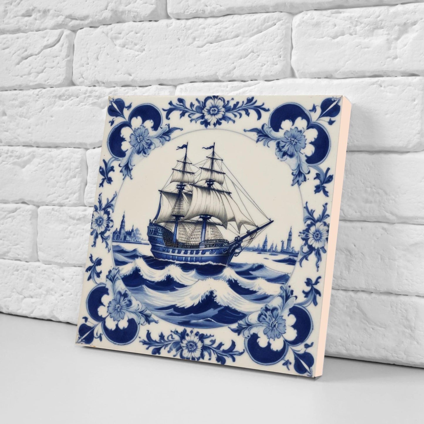Delft Blue Ceramic Tile - Set of 2 Ceramic Delftware Tiles-Delft Tile with Ship - Delft Prints- Kitchen Backsplash,Sink,Bathroom,Shower Wall