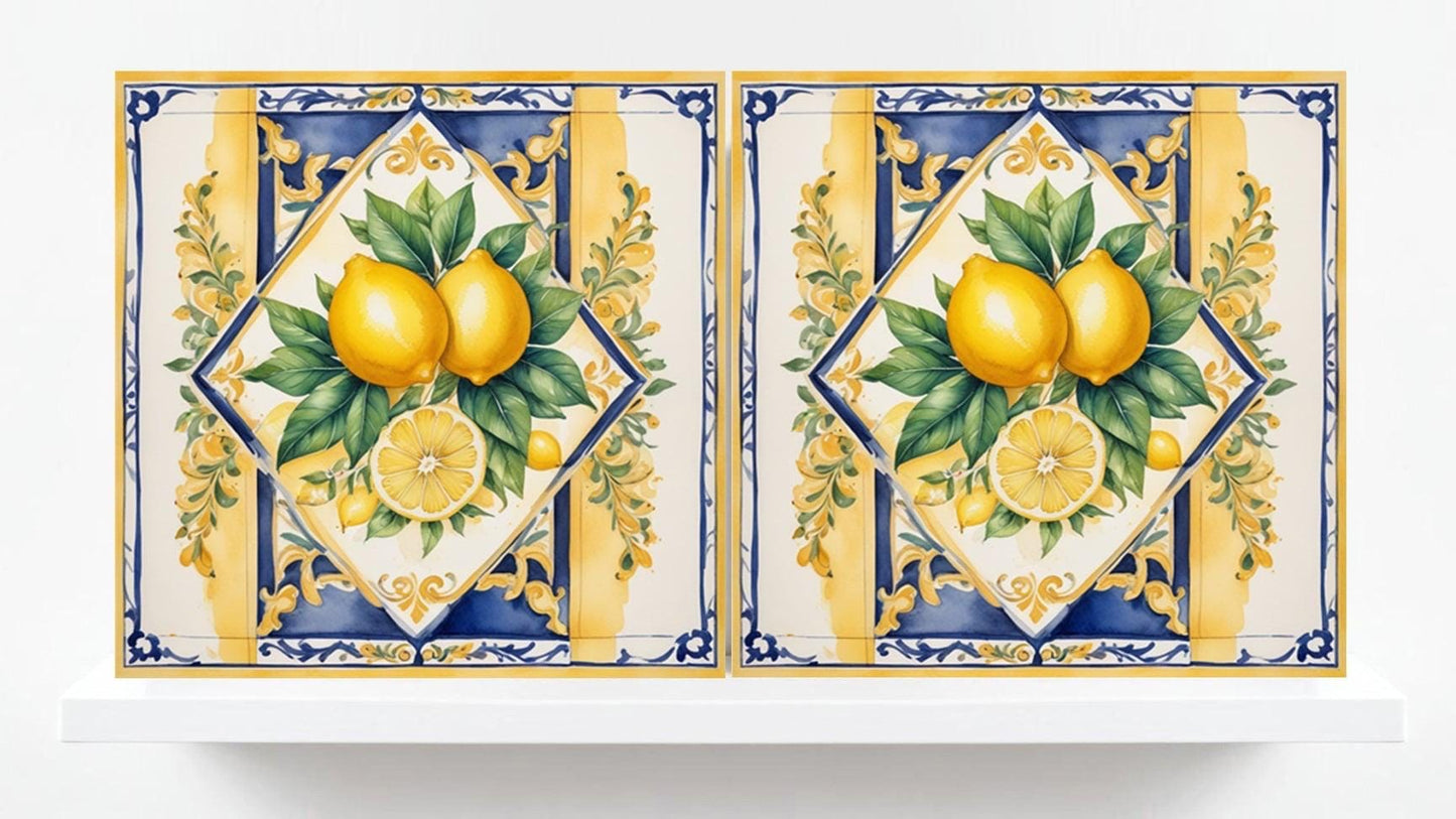Italian Majolica Lemon Tiles - Set of 2 Fruit Wall Decor Print - Kitchen Backsplash, Shower, Bathroom Wall Art, Sink Splashback, Fireplace