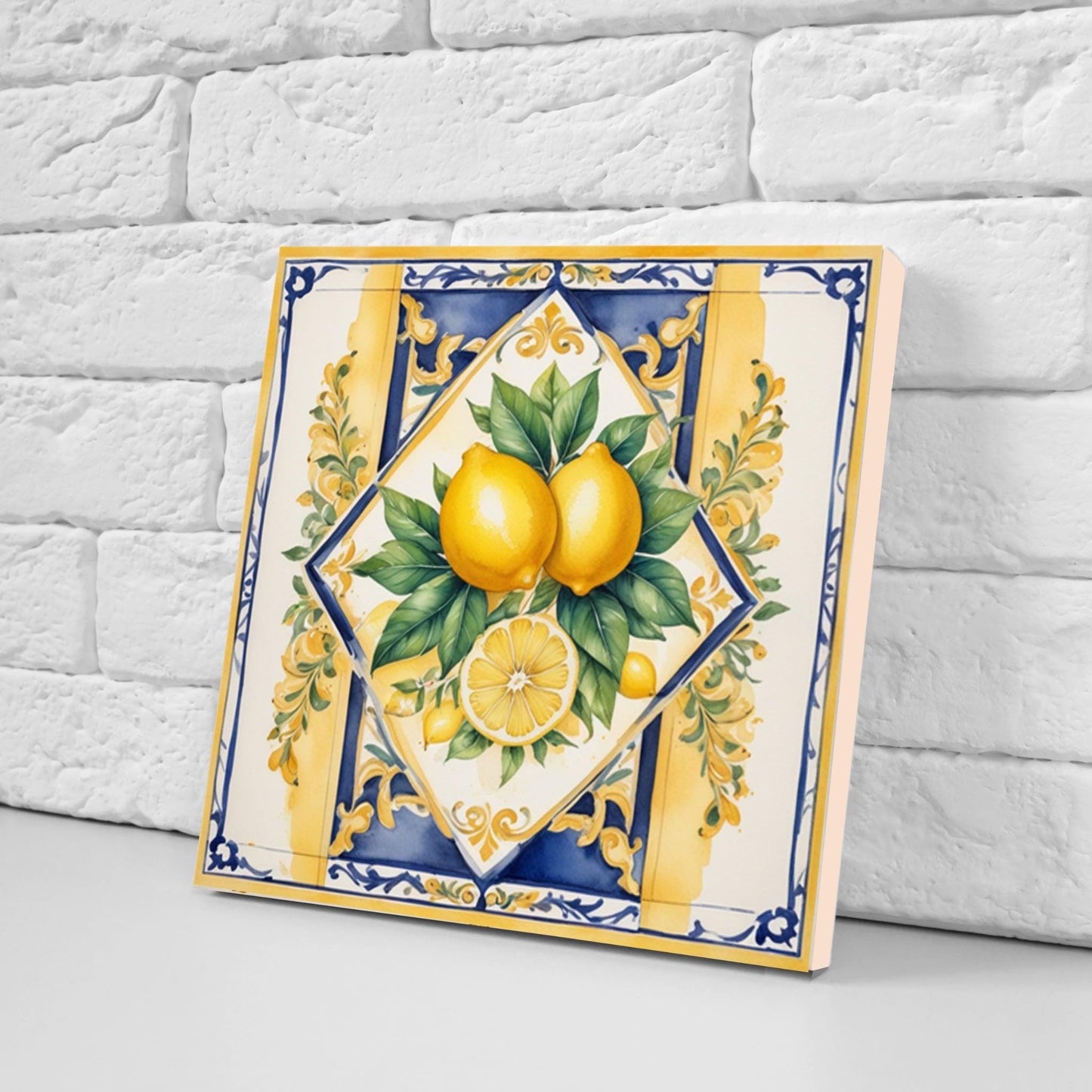 Italian Majolica Lemon Tiles - Set of 2 Fruit Wall Decor Print - Kitchen Backsplash, Shower, Bathroom Wall Art, Sink Splashback, Fireplace
