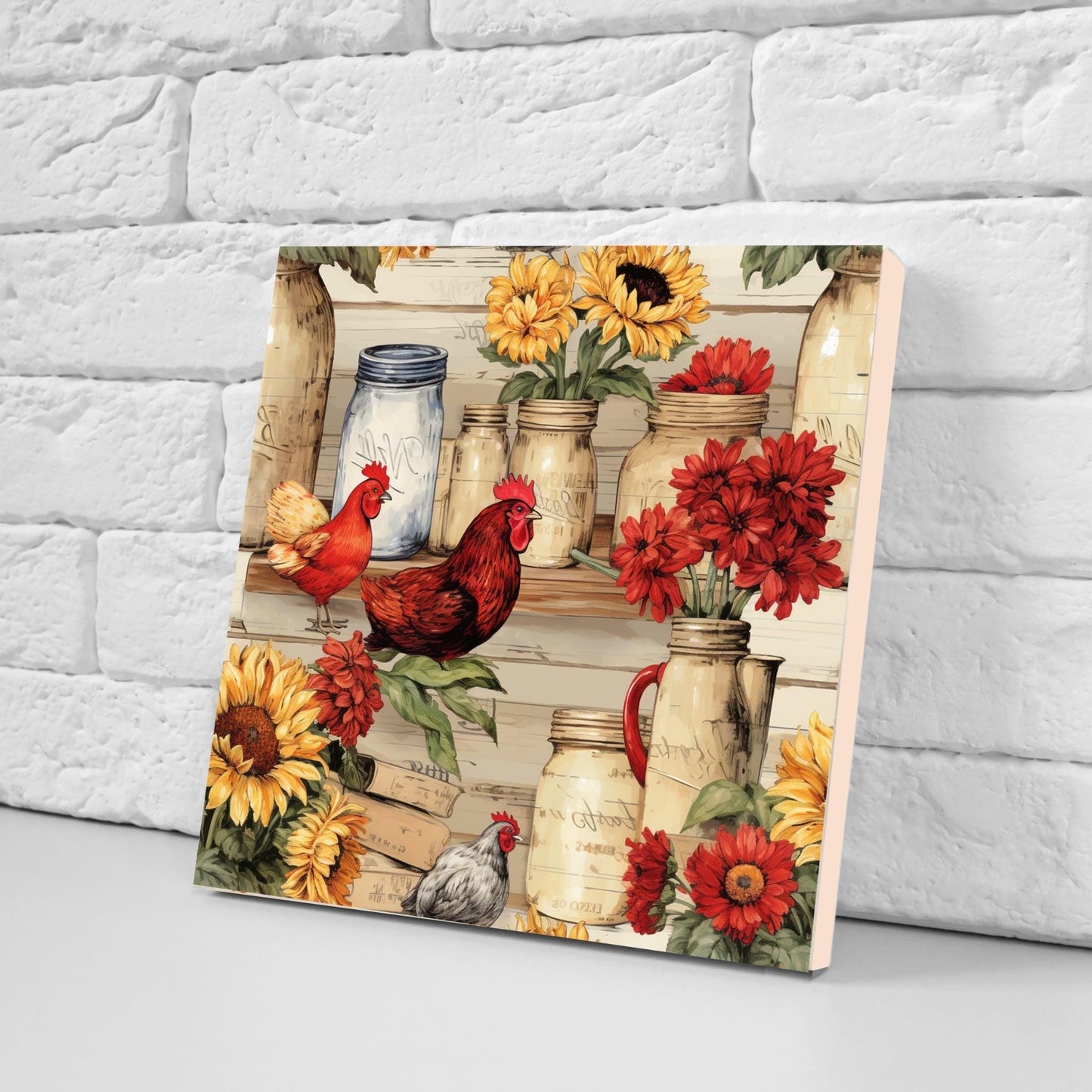 Rooster Tiles - Set of 2 Countryside Wall Art Print Decor Bird Tiles-Kitchen Backsplash Tiles,Bathroom,Shower Wall,Sink Splashback,Fireplace